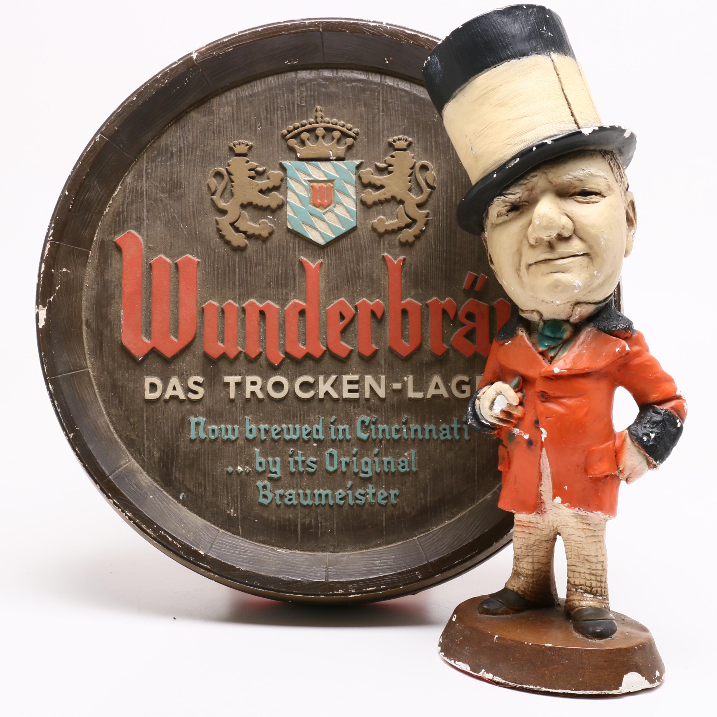 W.C. Fields Chalkware Figurine and Wunderbrau Das Trocken-Lager Beer Sign