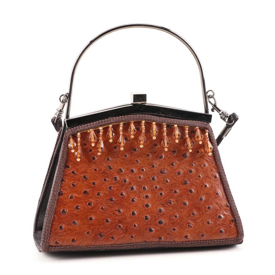 Moo Roo Mary Norton Beaded Ostrich Embossed Brown Leather Frame Bag