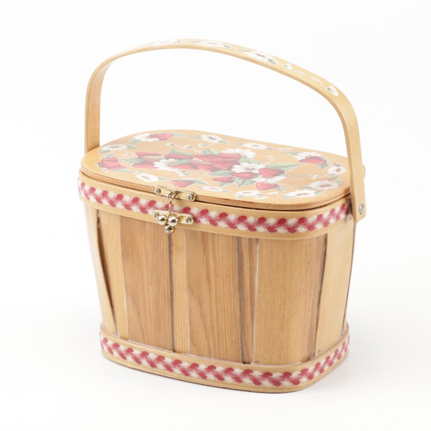 Ev Kuhn Handcrafted Wooden Basket Handbag with Strawberry Motif, 1981 Vintage