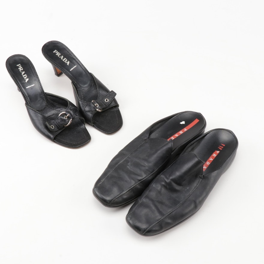 Prada Black Leather Slip-On Shoes and Heels