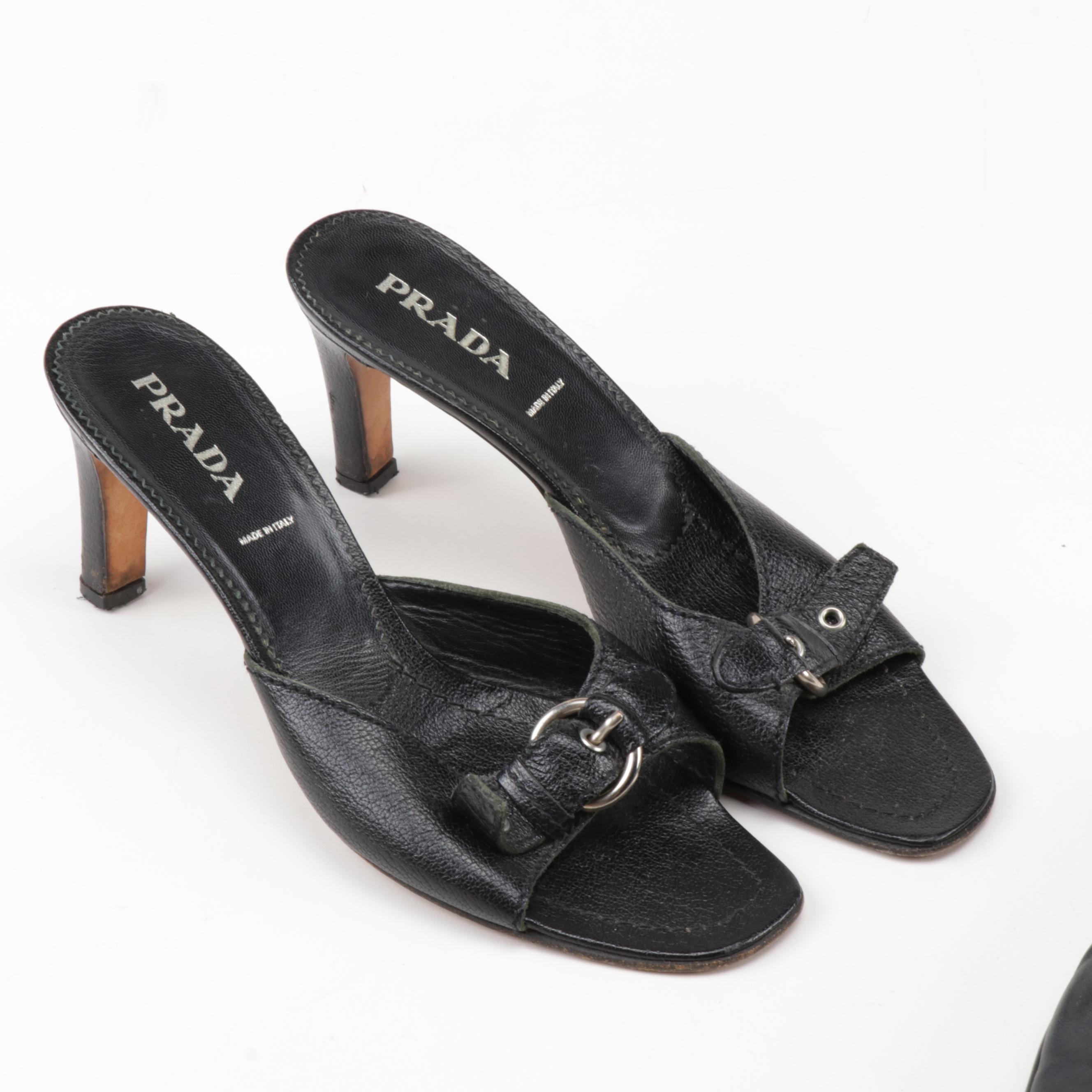 Prada Black Leather Slip-On Shoes and Heels