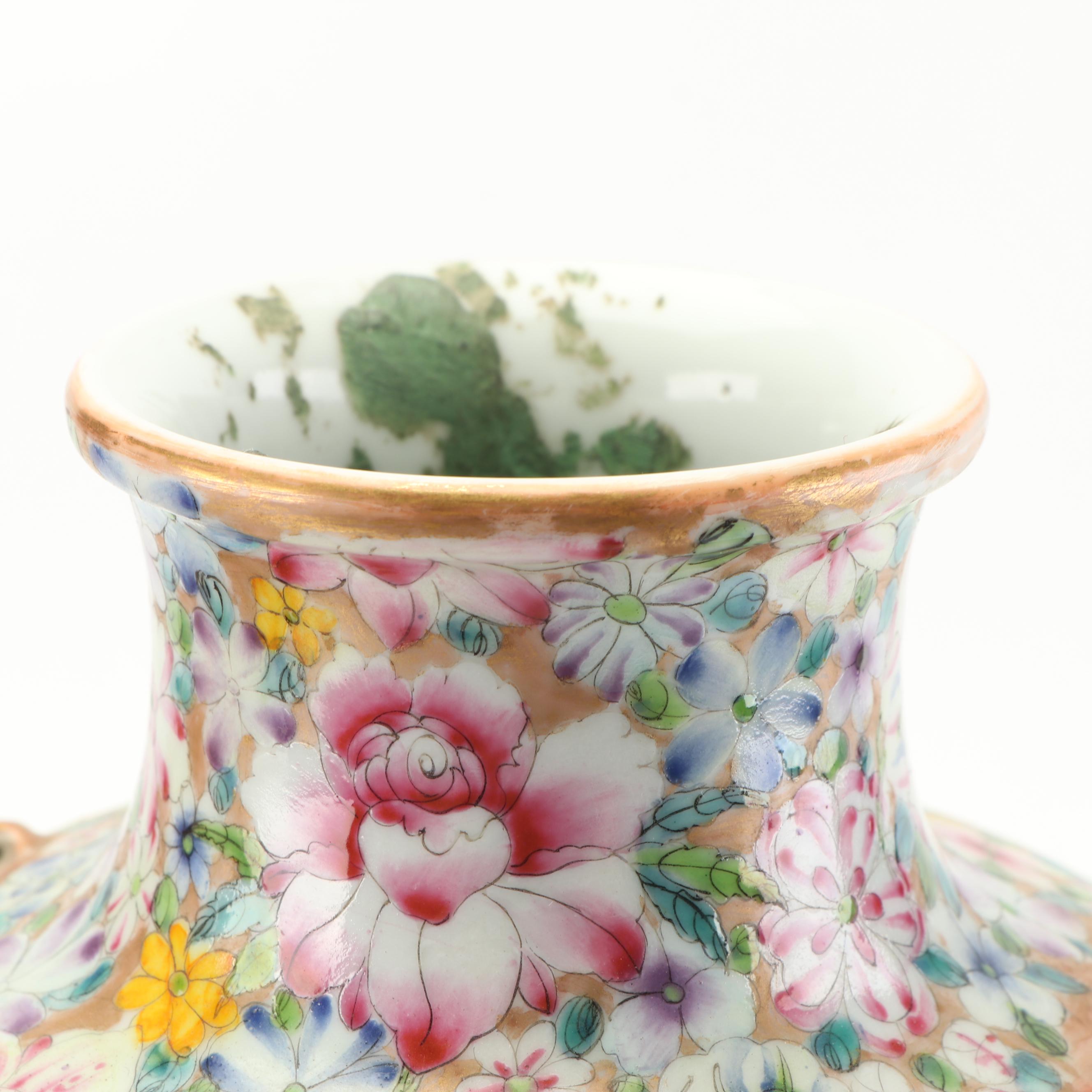 Chinese Millefleur Porcelain Floral Vases with Gilt Bat Handles, Qing Dynasty