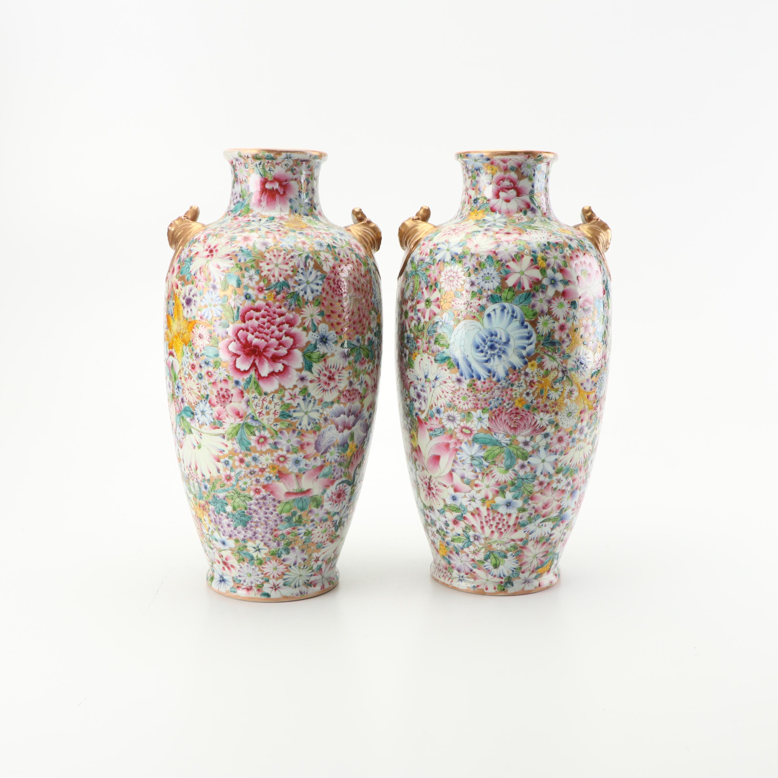 Chinese Millefleur Porcelain Floral Vases with Gilt Bat Handles, Qing Dynasty