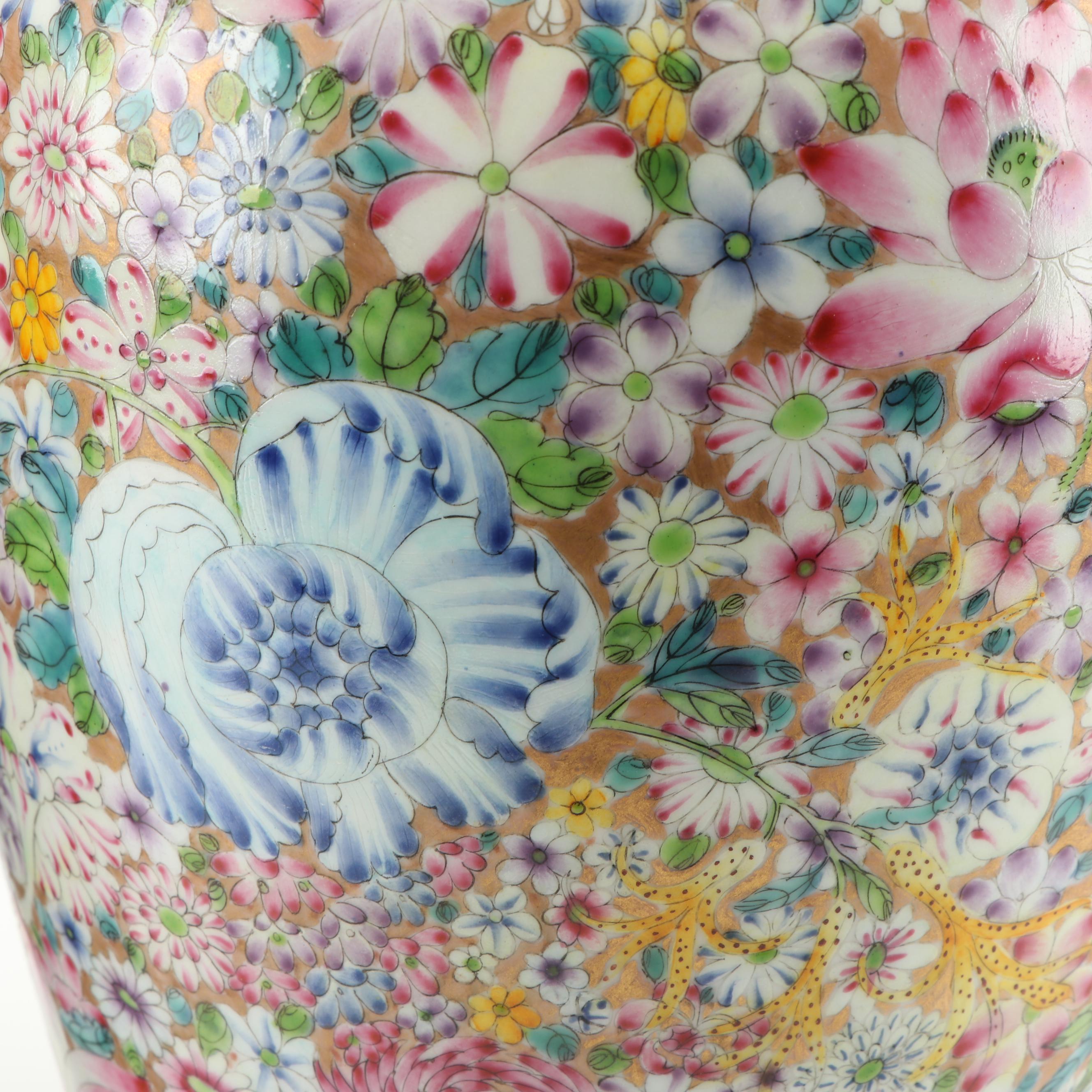 Chinese Millefleur Porcelain Floral Vases with Gilt Bat Handles, Qing Dynasty