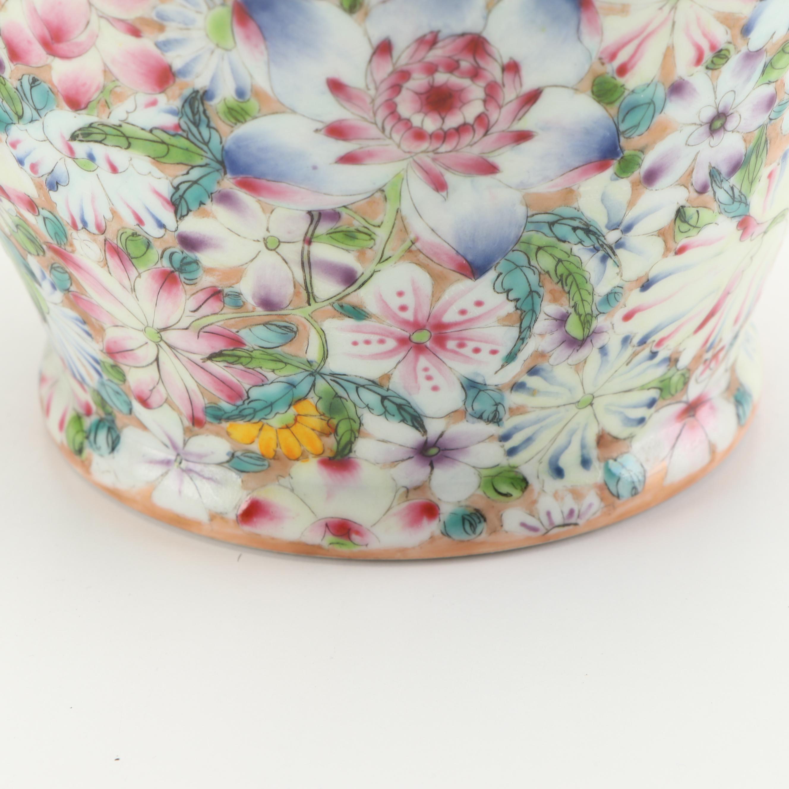 Chinese Millefleur Porcelain Floral Vases with Gilt Bat Handles, Qing Dynasty