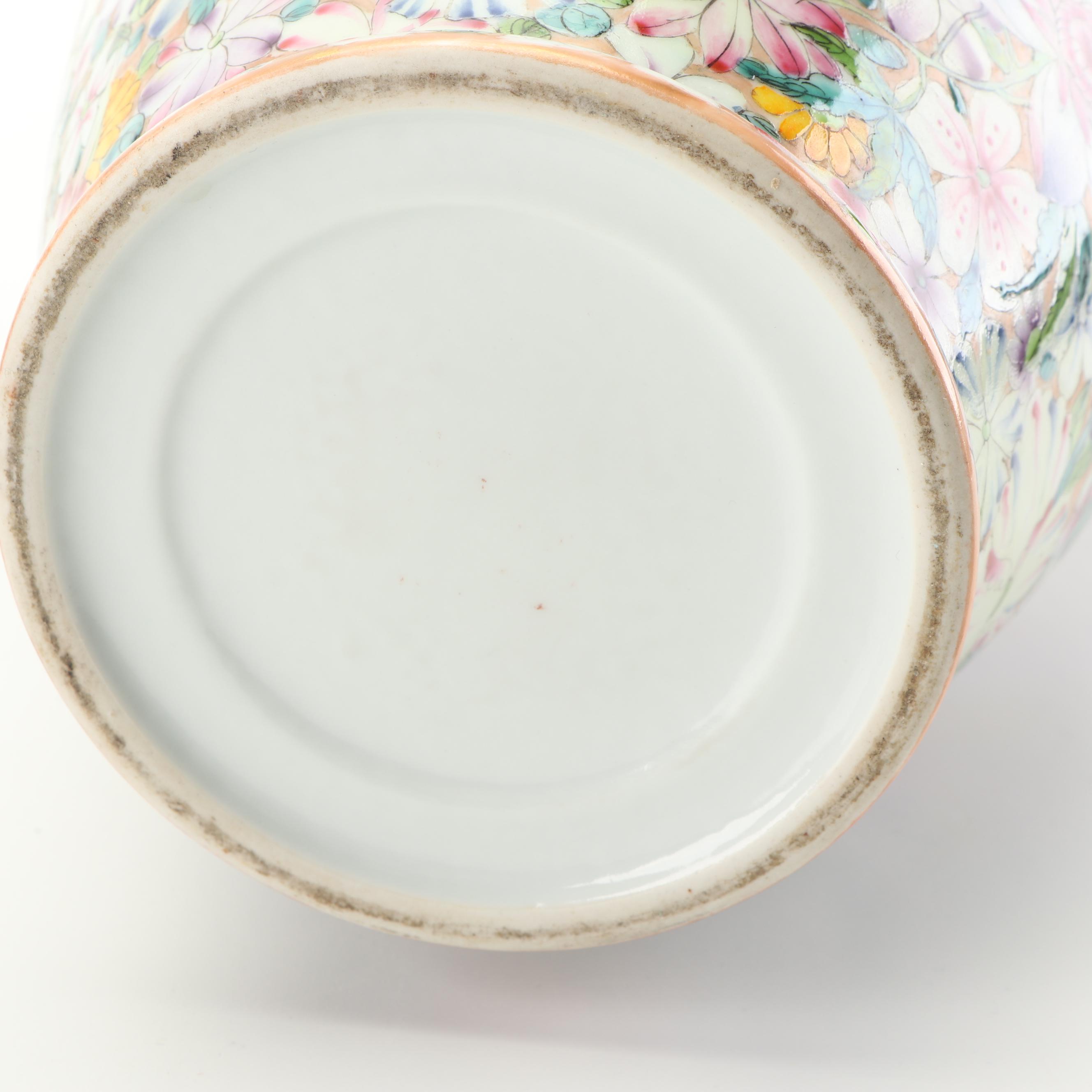 Chinese Millefleur Porcelain Floral Vases with Gilt Bat Handles, Qing Dynasty