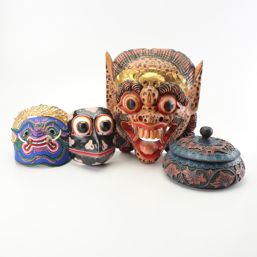 Indonesian Hand Painted Masks and Decorative Box