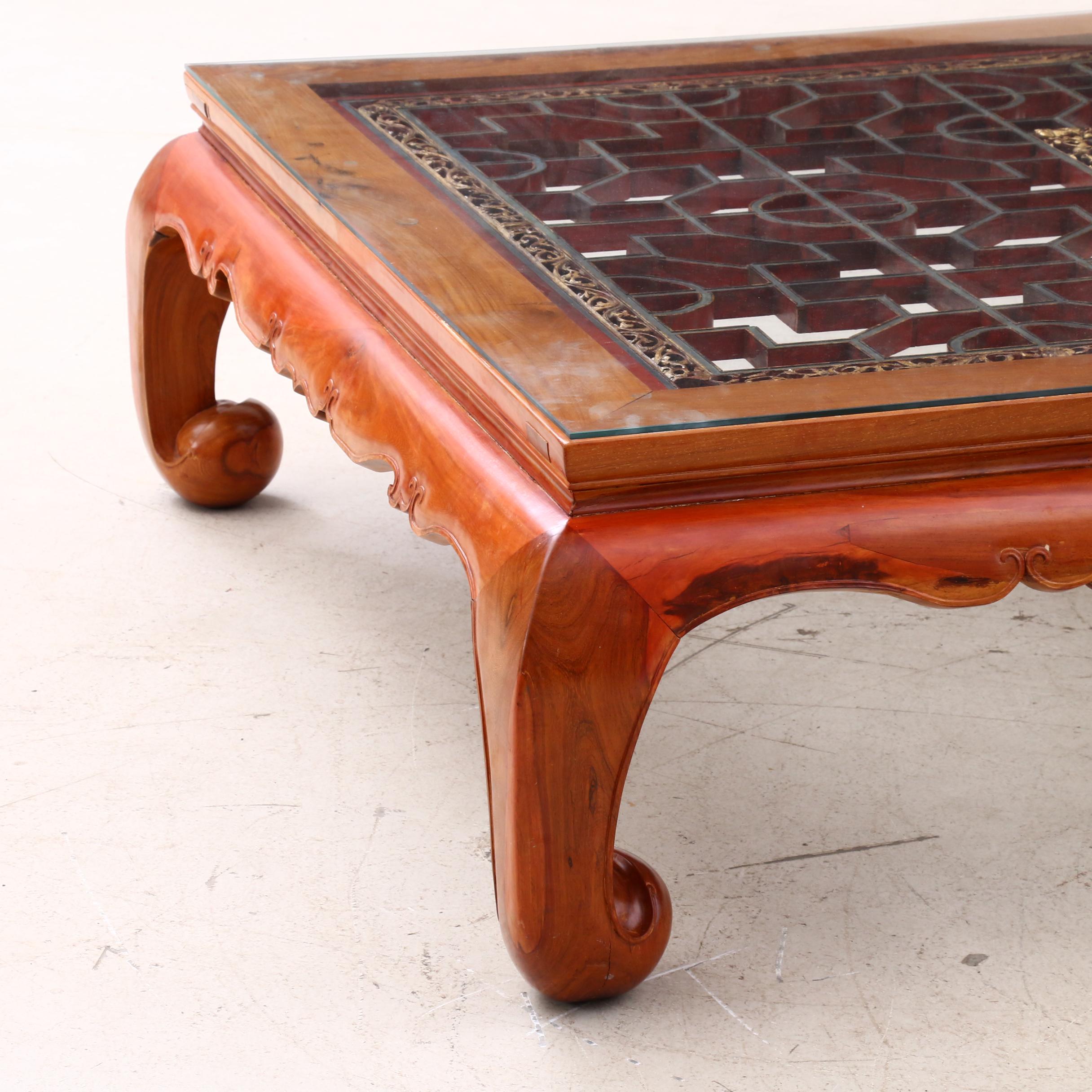 Large Custom Chinese Rosewood Coffee Table With Fretwork Panel, Mid-20th Century