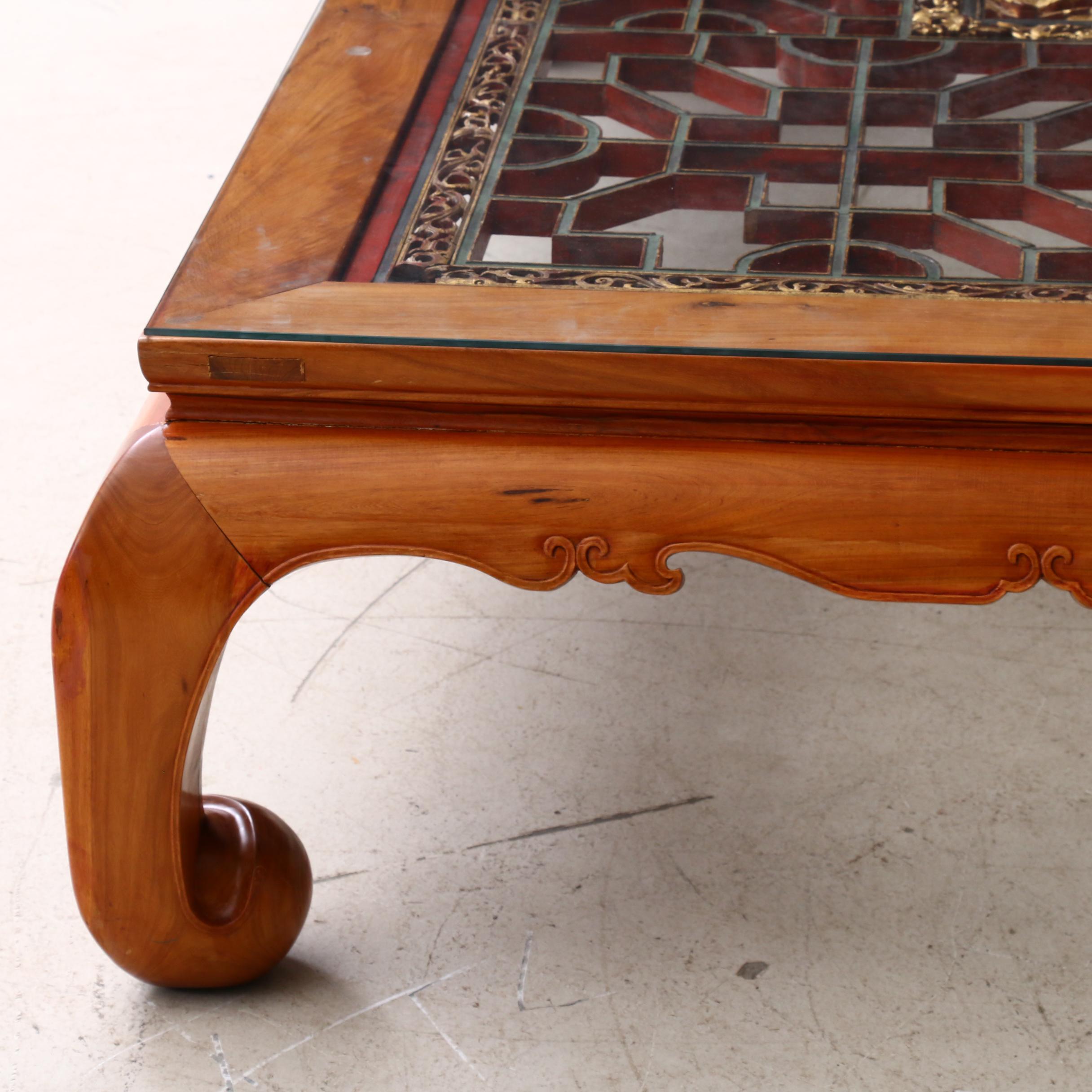 Large Custom Chinese Rosewood Coffee Table With Fretwork Panel, Mid-20th Century