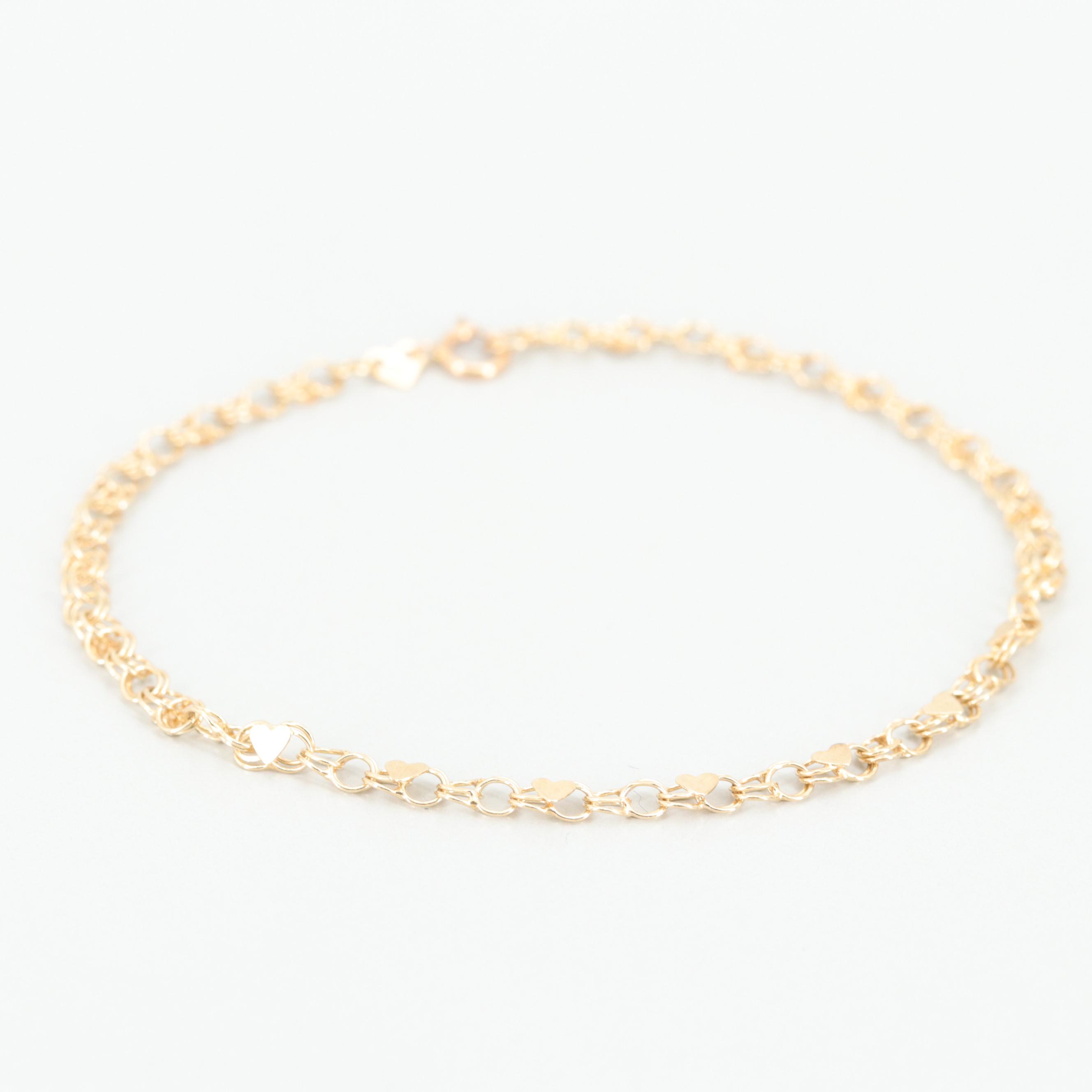 14K Yellow Gold Double Link Heart Bracelet