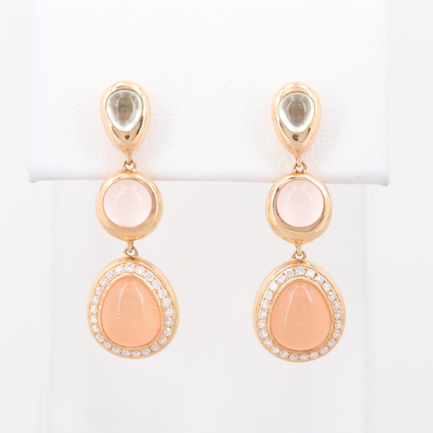 18K Rose Gold Prehnite, Rose Quartz, Moonstone and Diamond Dangle Earrings