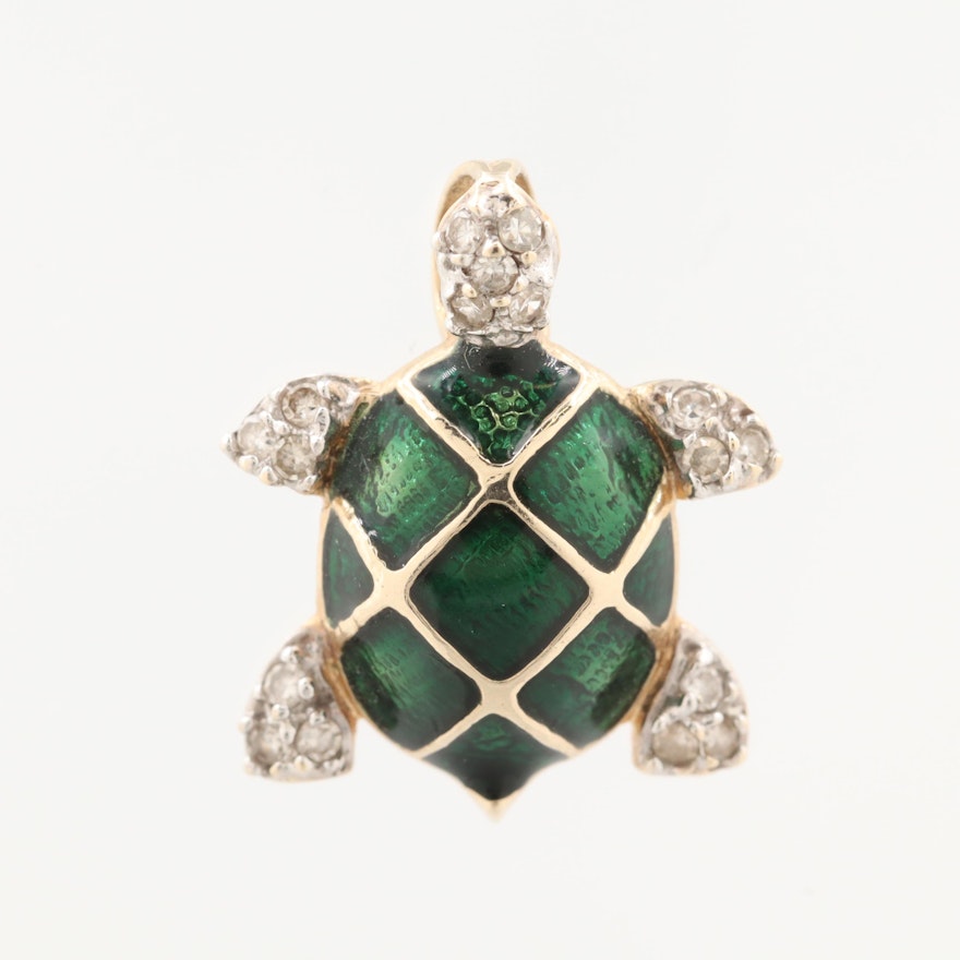 10K Yellow Gold Diamond and Green Enamel Turtle Pendant