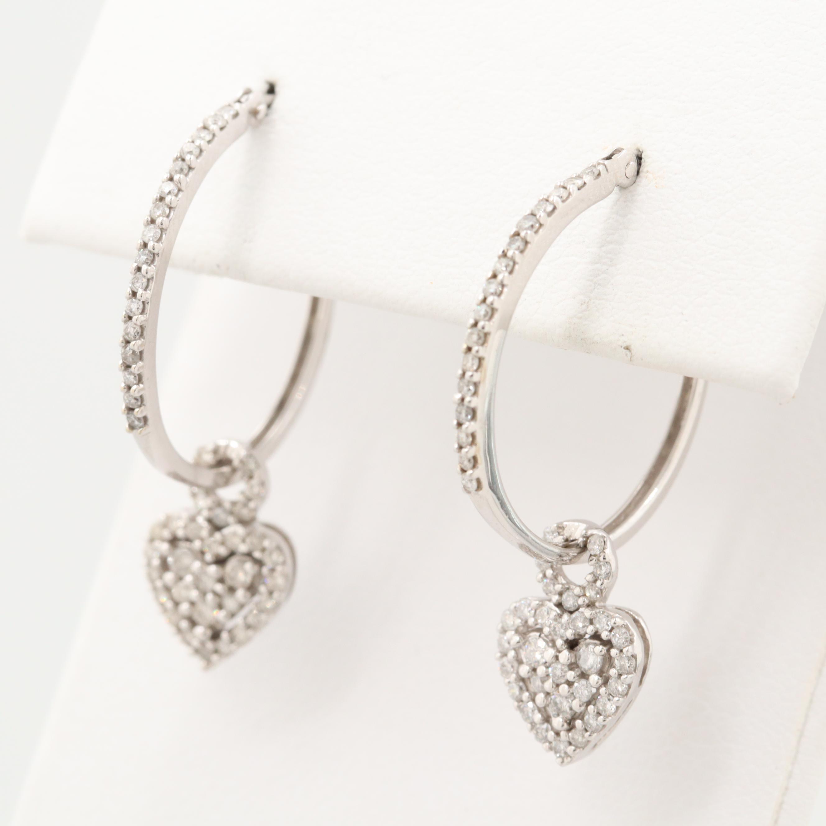 10K White Gold Diamond Heart Dangle Hoop Earrings