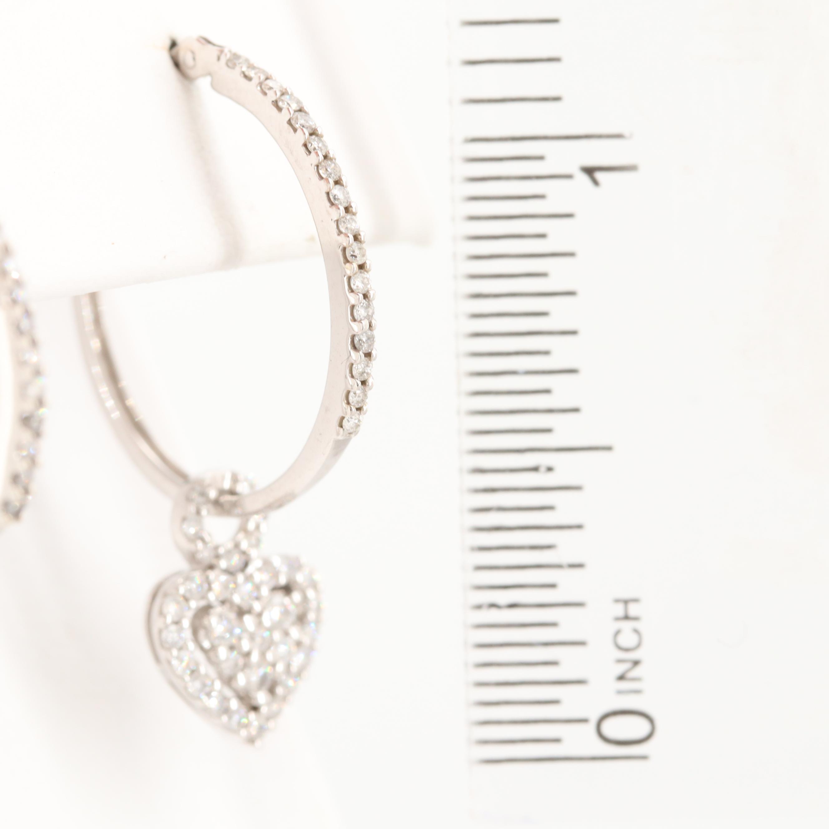 10K White Gold Diamond Heart Dangle Hoop Earrings