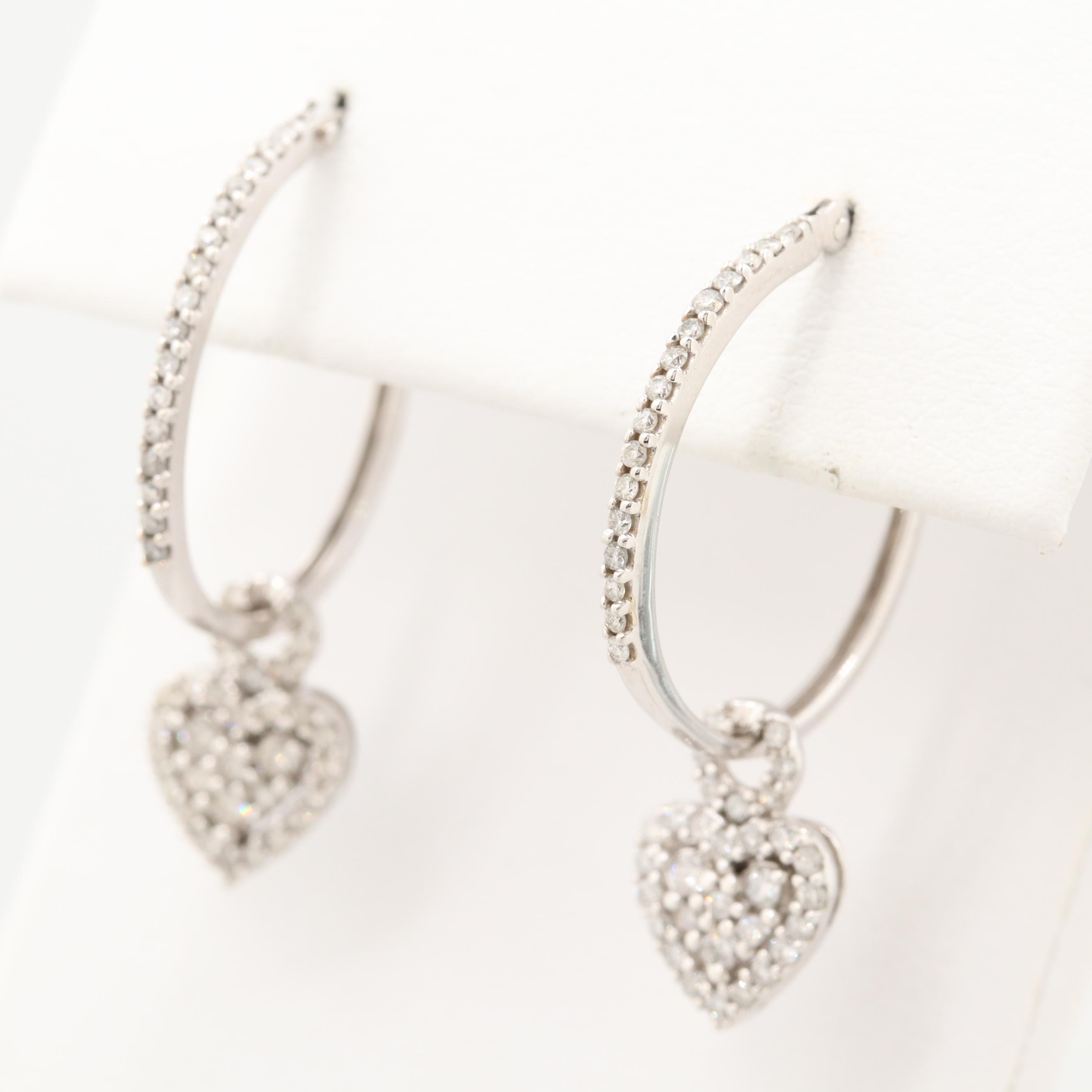10K White Gold Diamond Heart Dangle Hoop Earrings
