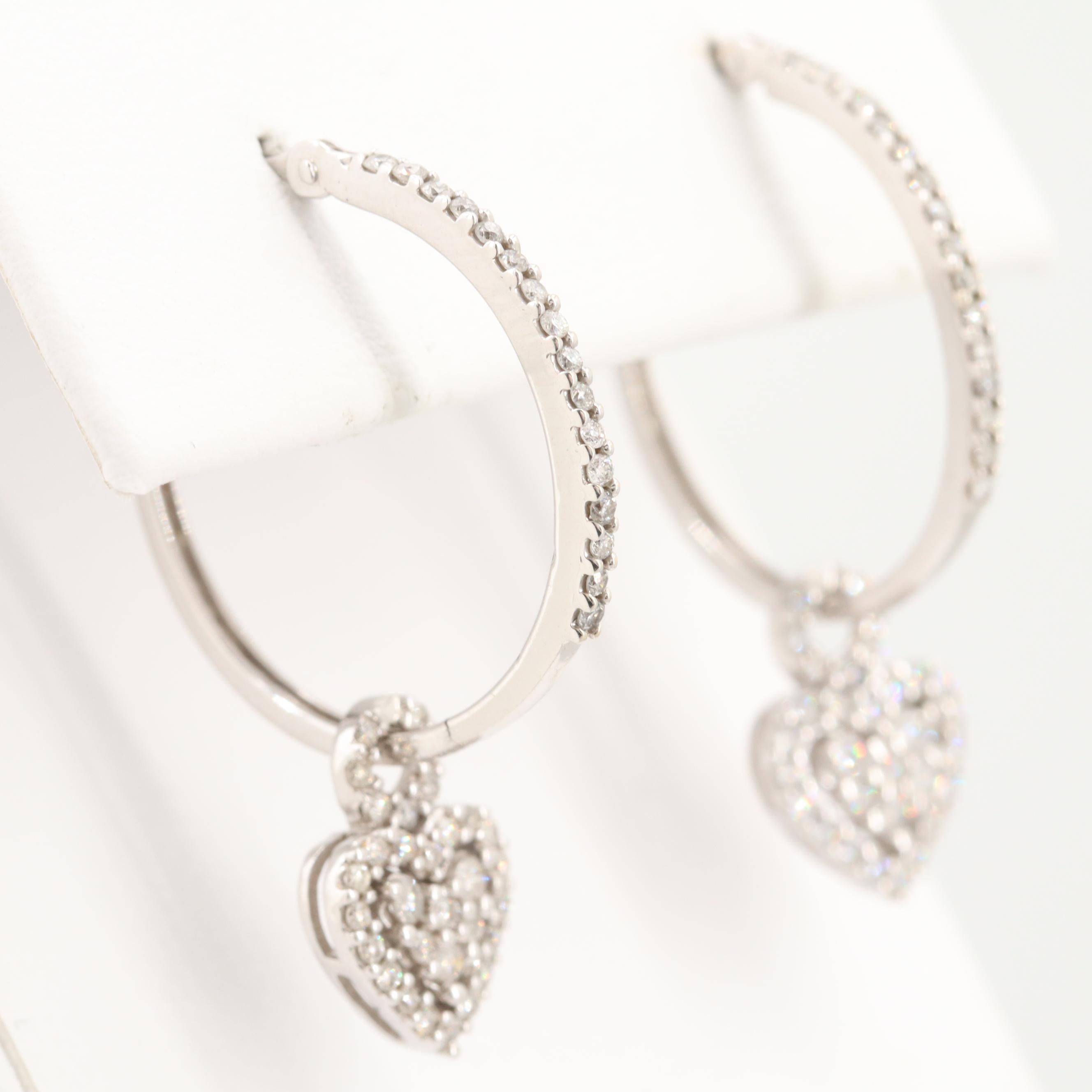 10K White Gold Diamond Heart Dangle Hoop Earrings