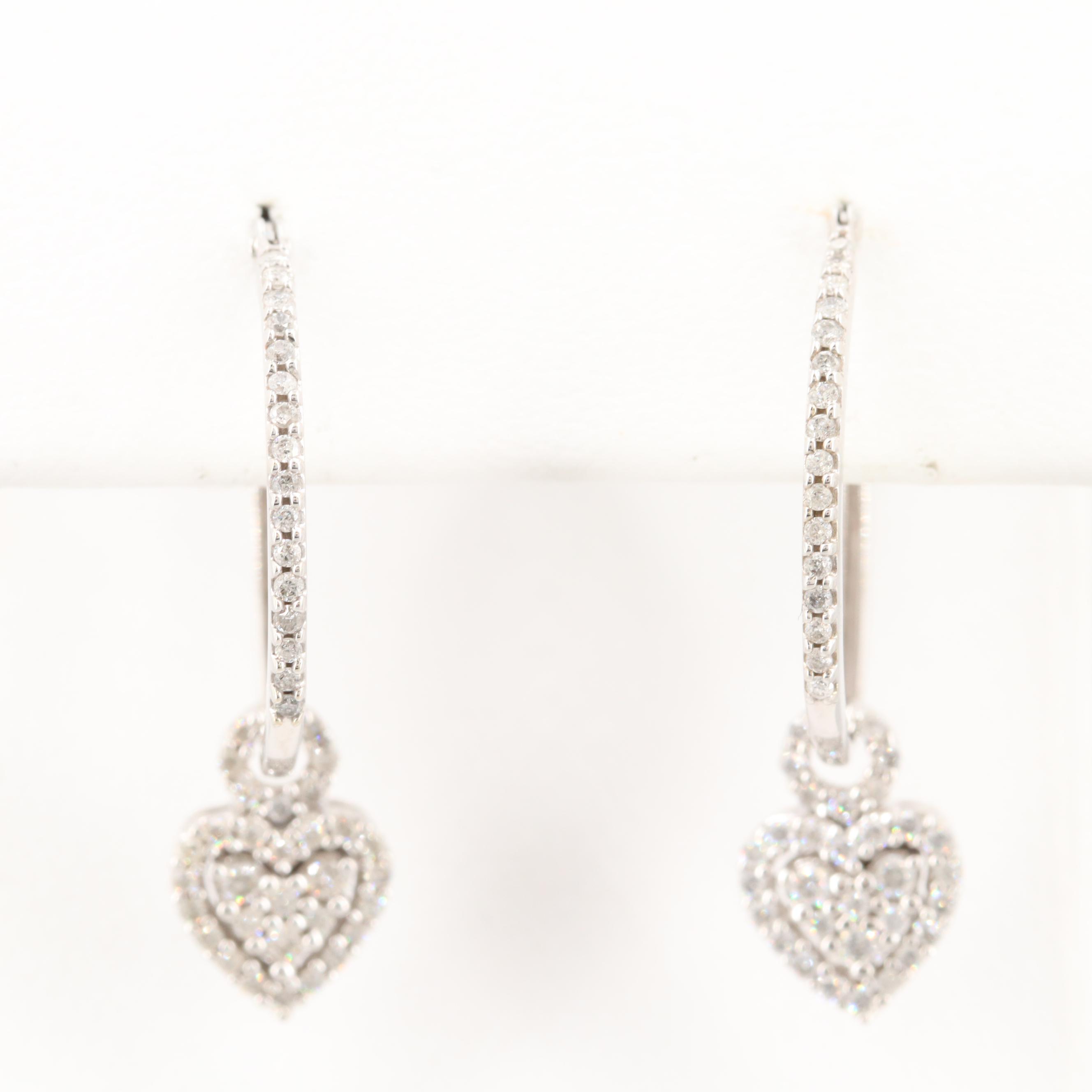 10K White Gold Diamond Heart Dangle Hoop Earrings