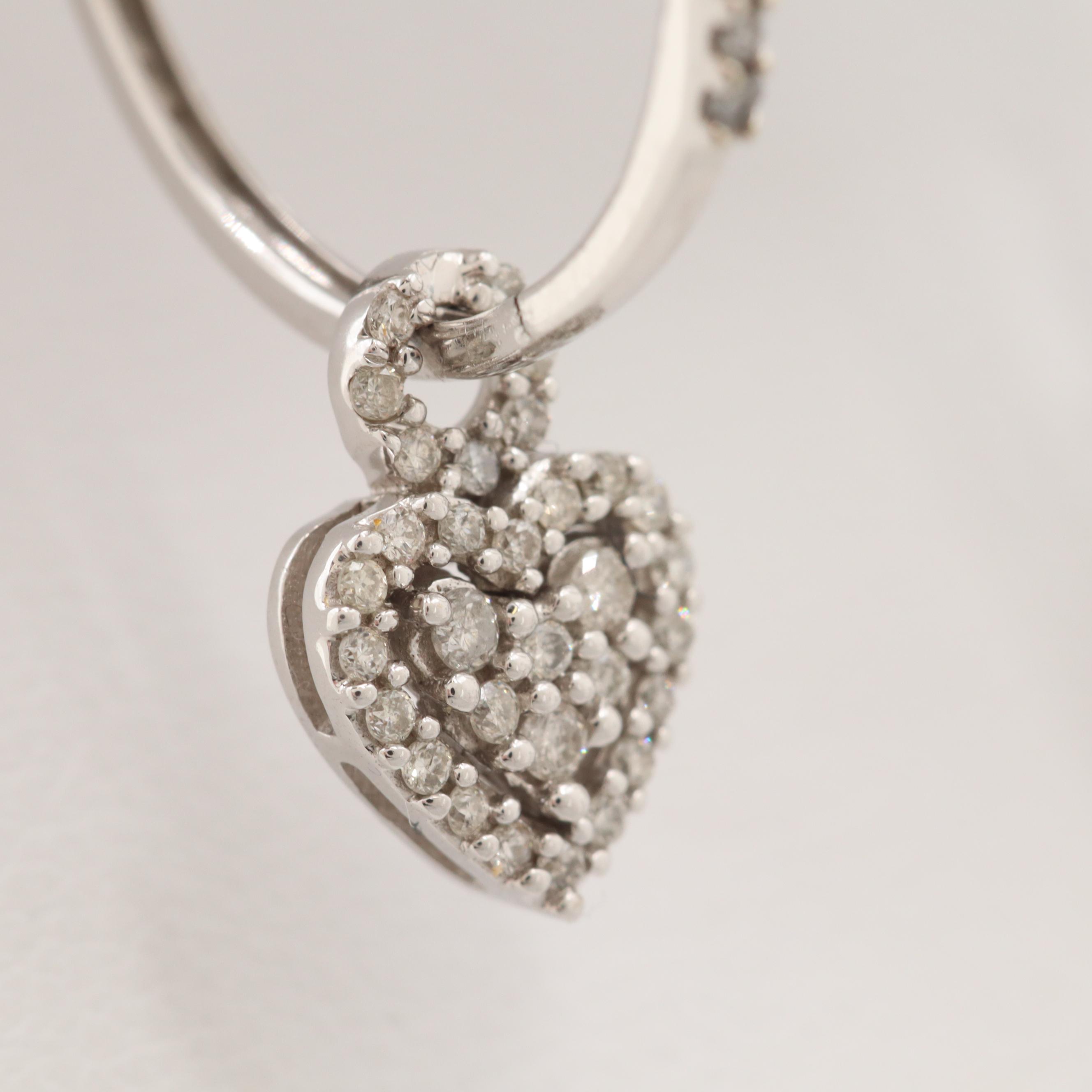10K White Gold Diamond Heart Dangle Hoop Earrings