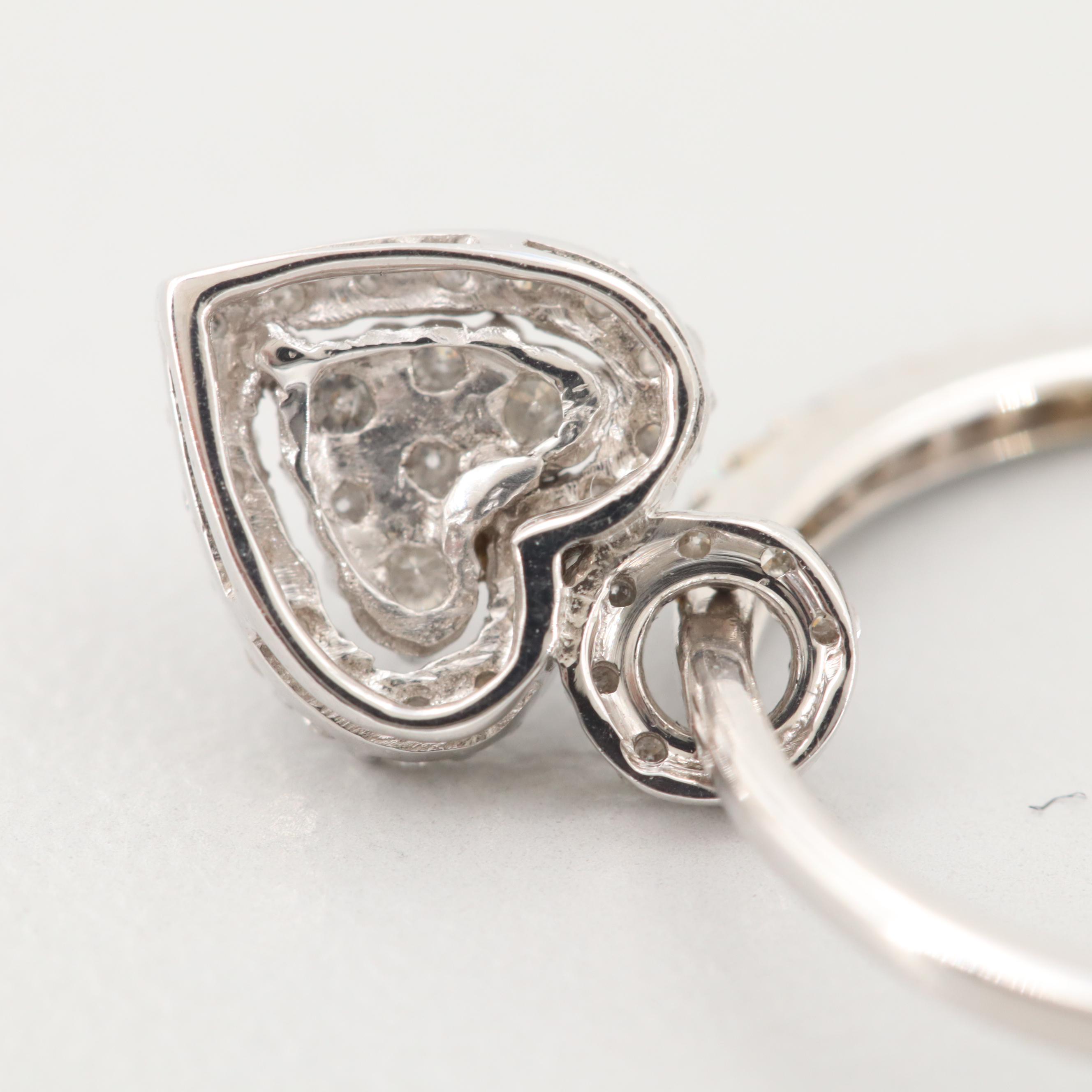 10K White Gold Diamond Heart Dangle Hoop Earrings