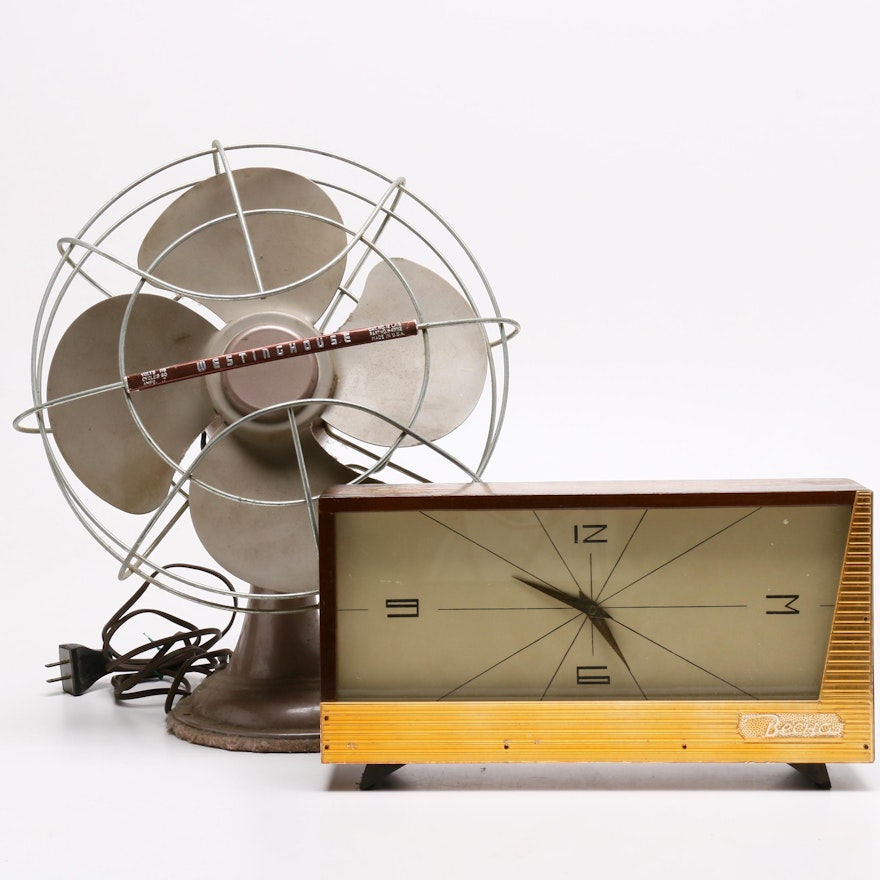 Becha Russian Desk Clock with Westinghouse Table Fan, Mid-Century
