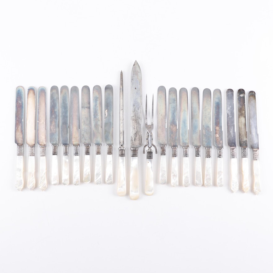 Meriden Cutlery Silver Plate and Mother-of-Pearl Dinner Knives and Carving Set