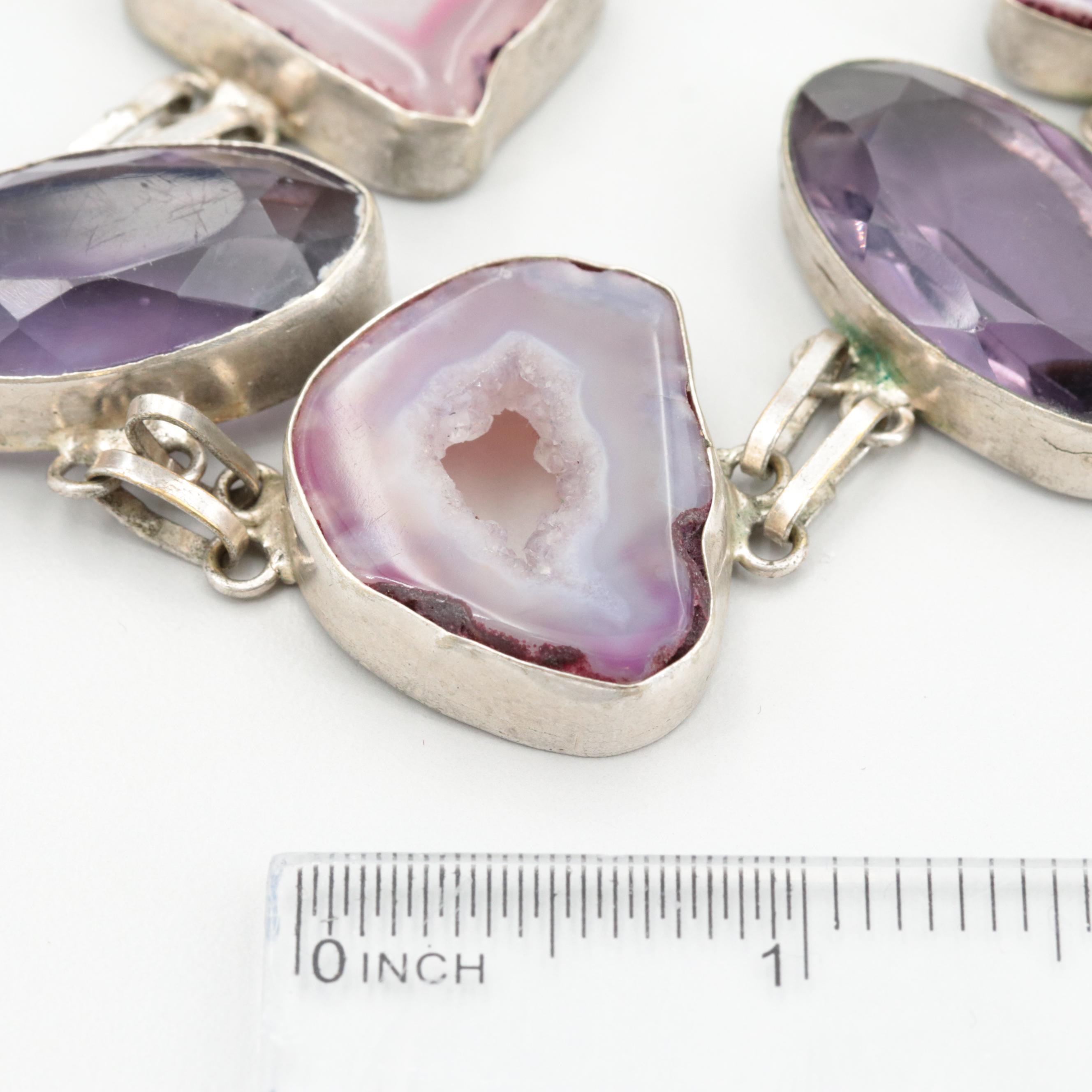 Sterling Silver Agate and Imitation Amethyst Bracelet