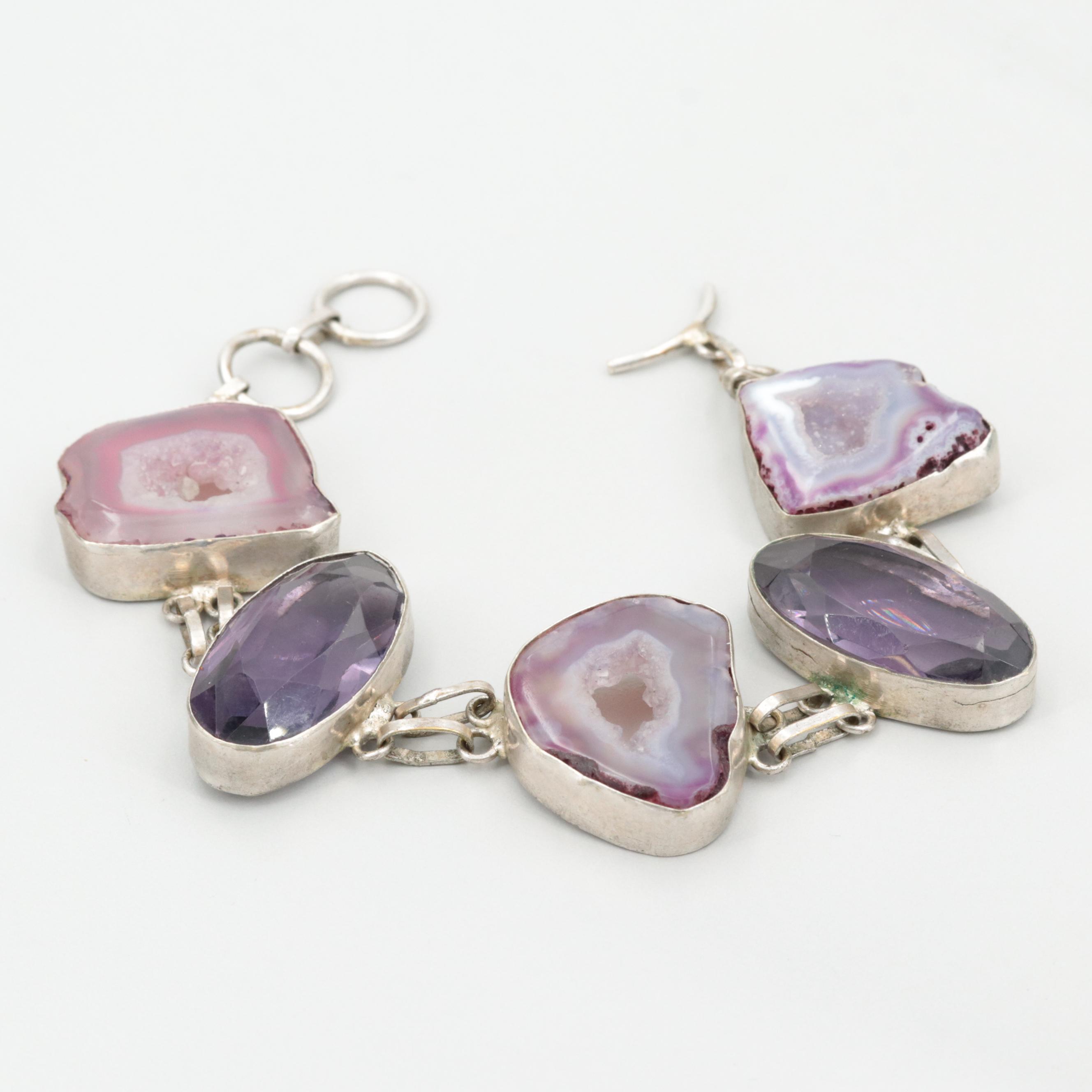 Sterling Silver Agate and Imitation Amethyst Bracelet
