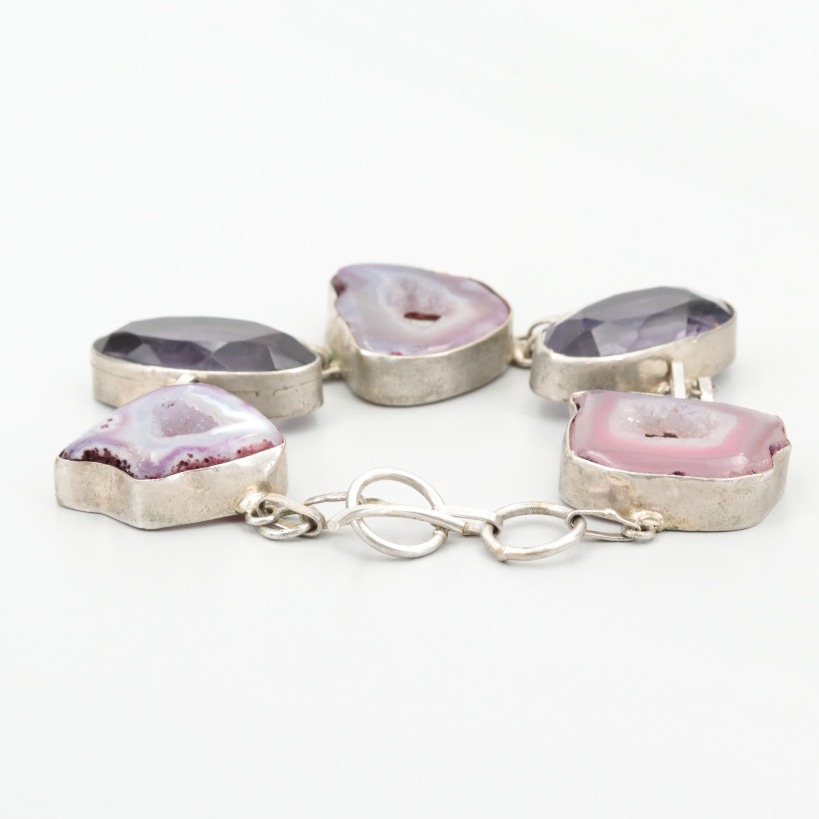 Sterling Silver Agate and Imitation Amethyst Bracelet
