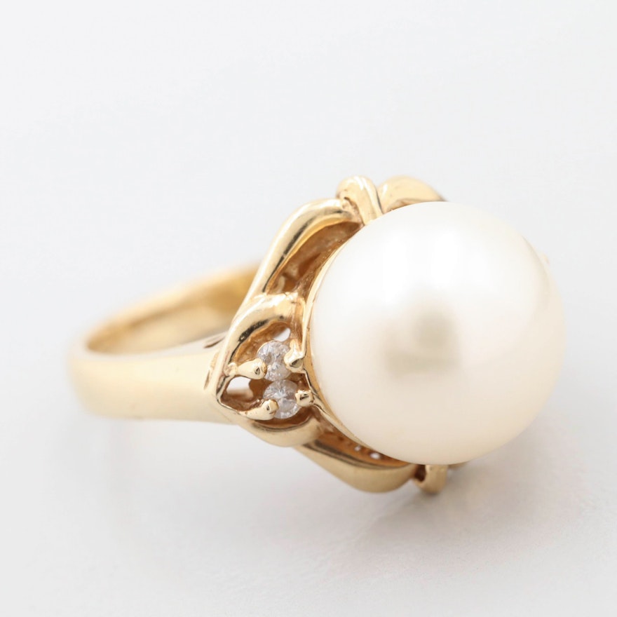 14K Yellow Gold Diamond and Cultured Pearl Ring