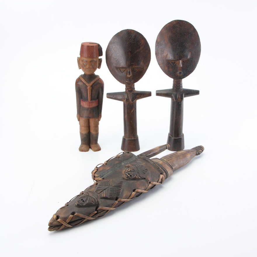 King's African Rifles Figure, Akua'Ba Fertility Dolls, and Dagger with Bi-Knife