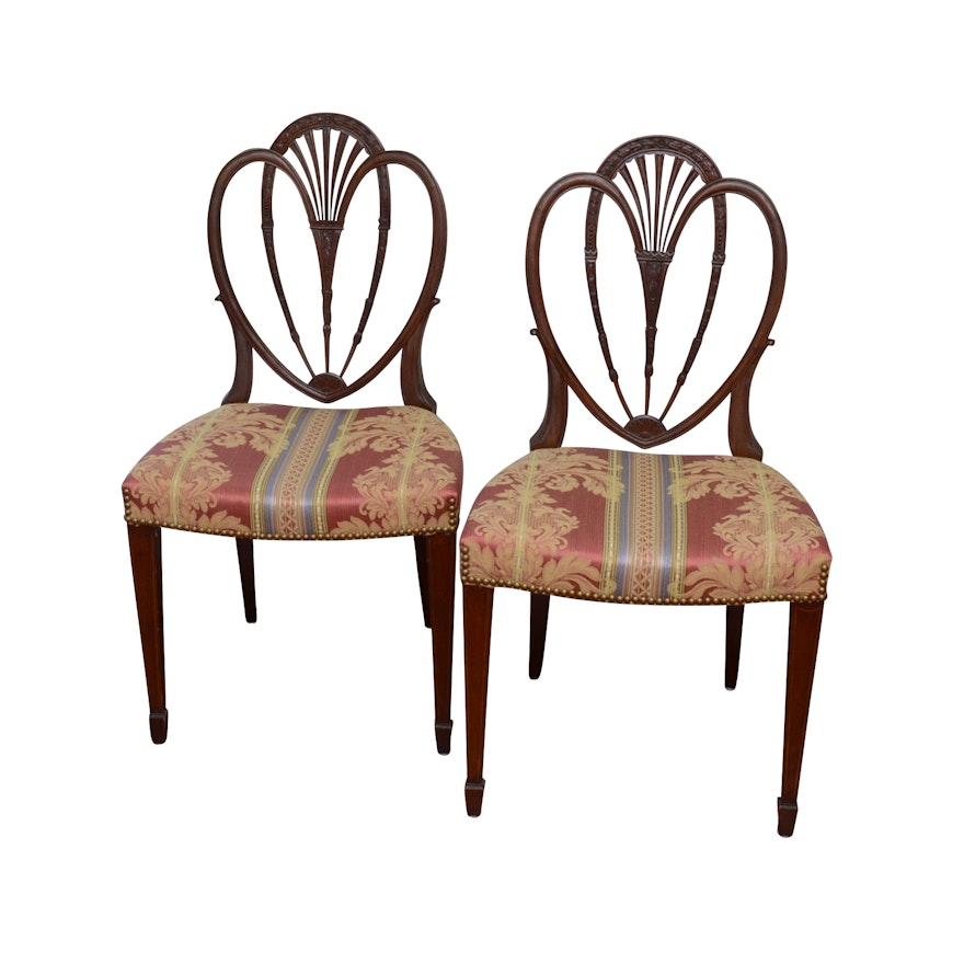 Pair of Wooden Shield Back Side Chairs with Upholstered Seats, Contemporary