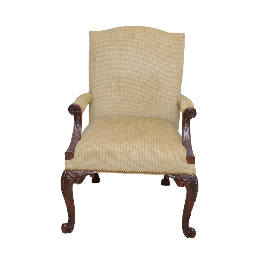 Upholstered Armchair with Carved Cherry Frame, Contemporary