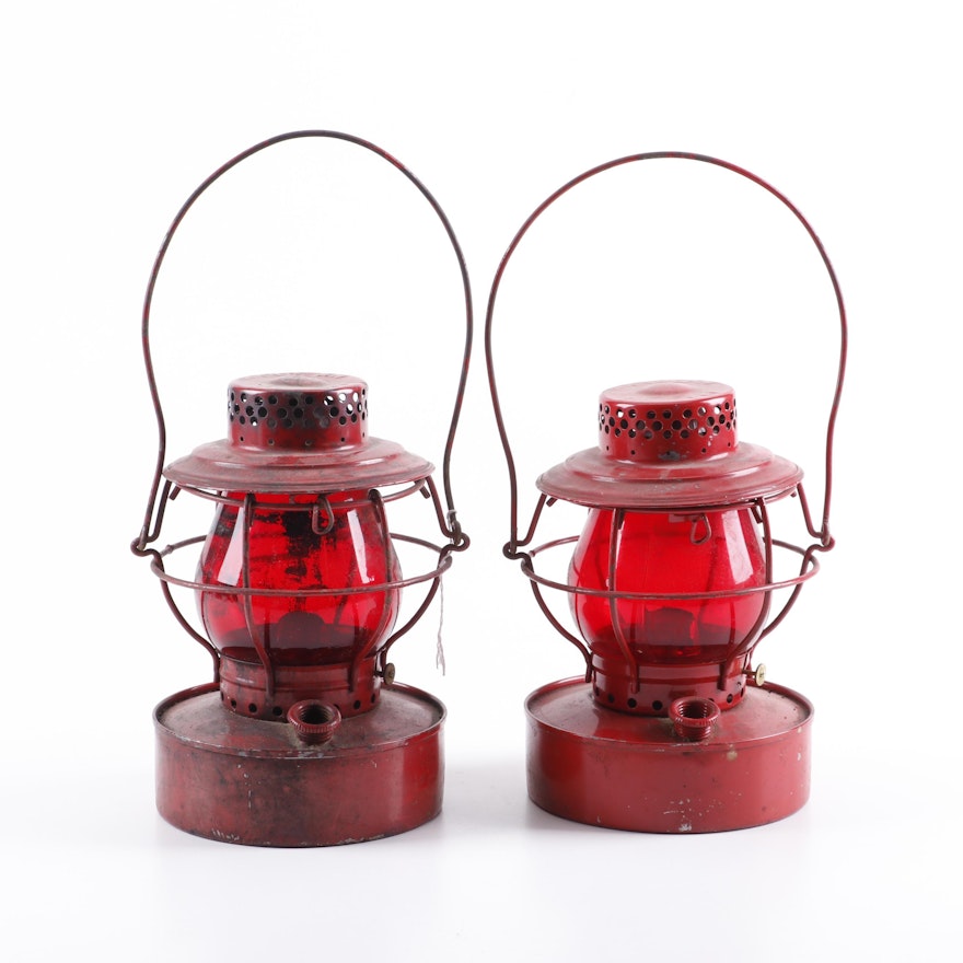 Handlan Red Painted Railroad Kerosene Lanterns with Red Globes