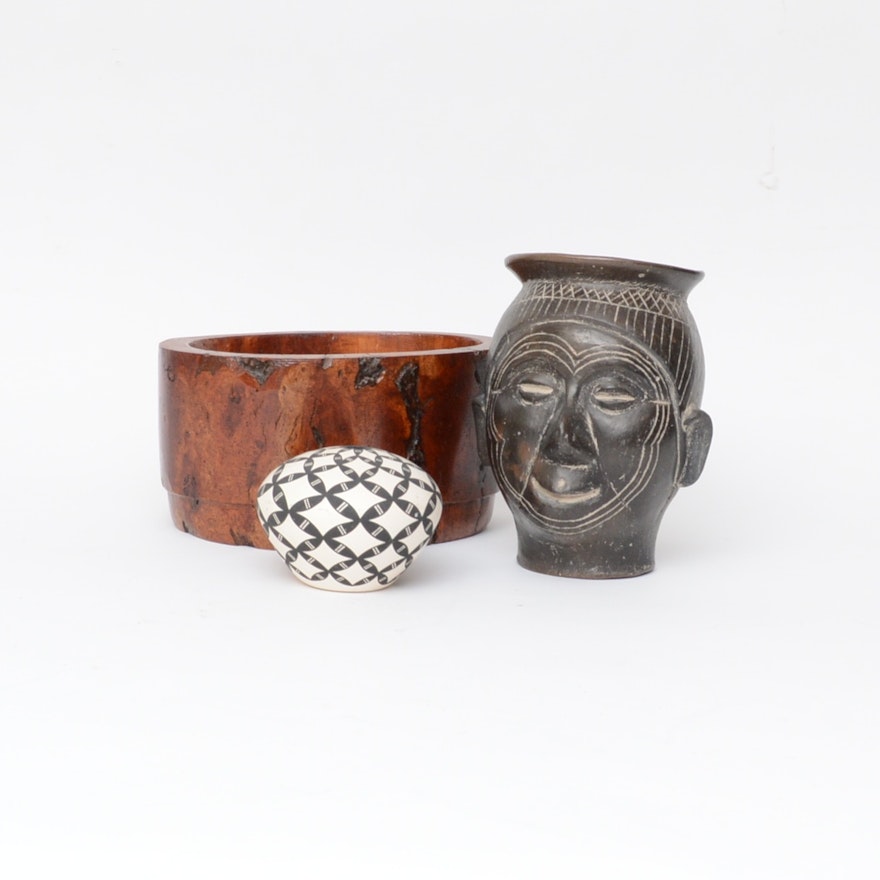 Marcella Augustine Acoma Vase with African Style Head Vase and Burled Wood Bowl