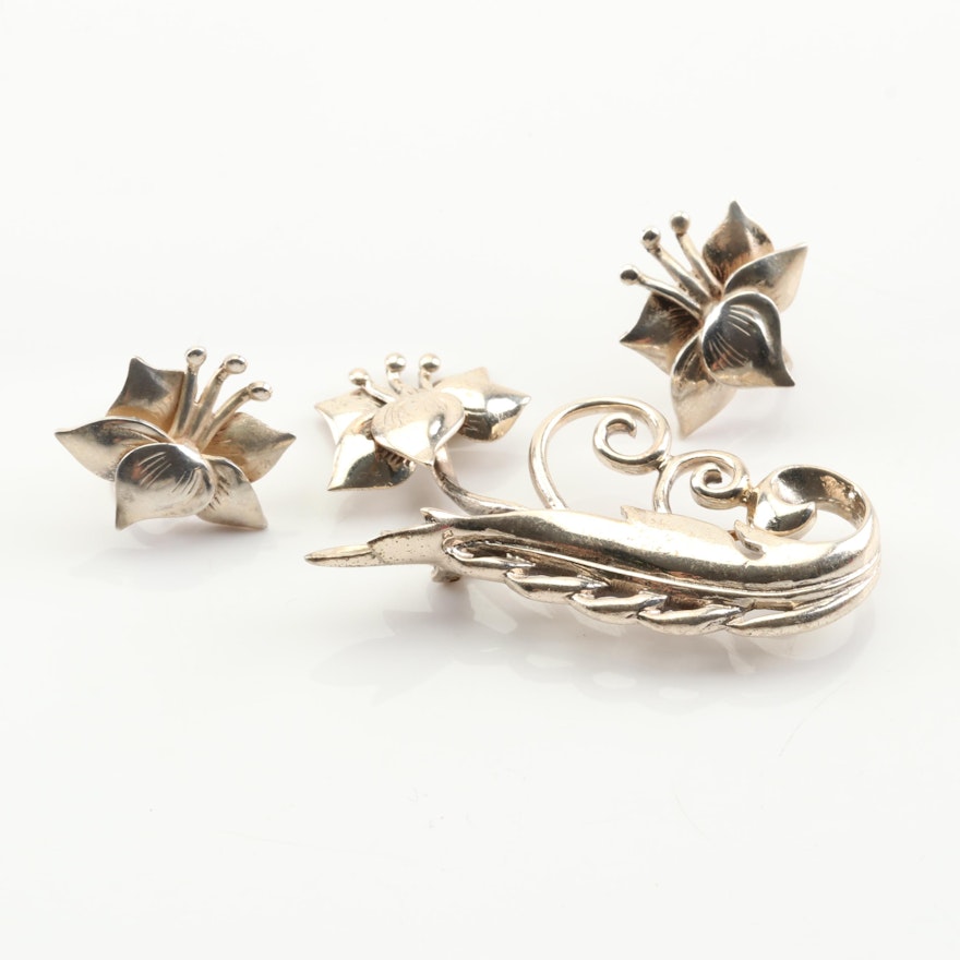 Sterling Silver Flower Brooch and Earrings