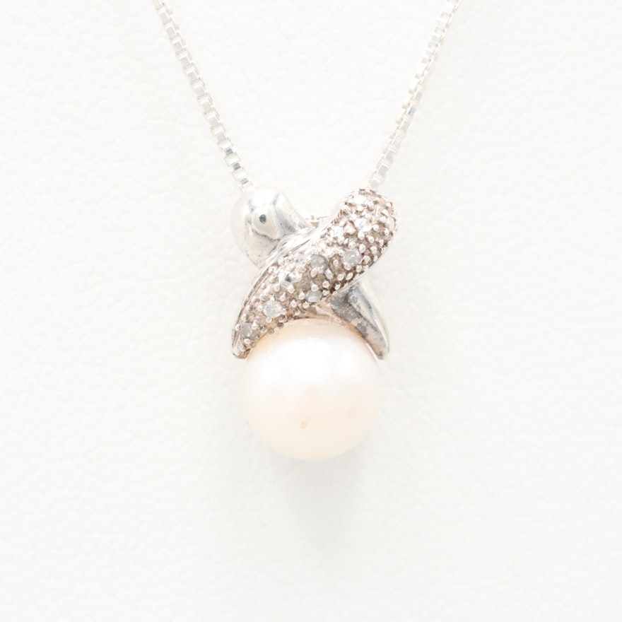 Sterling Silver Cultured Pearl and Diamond Pendant Necklace