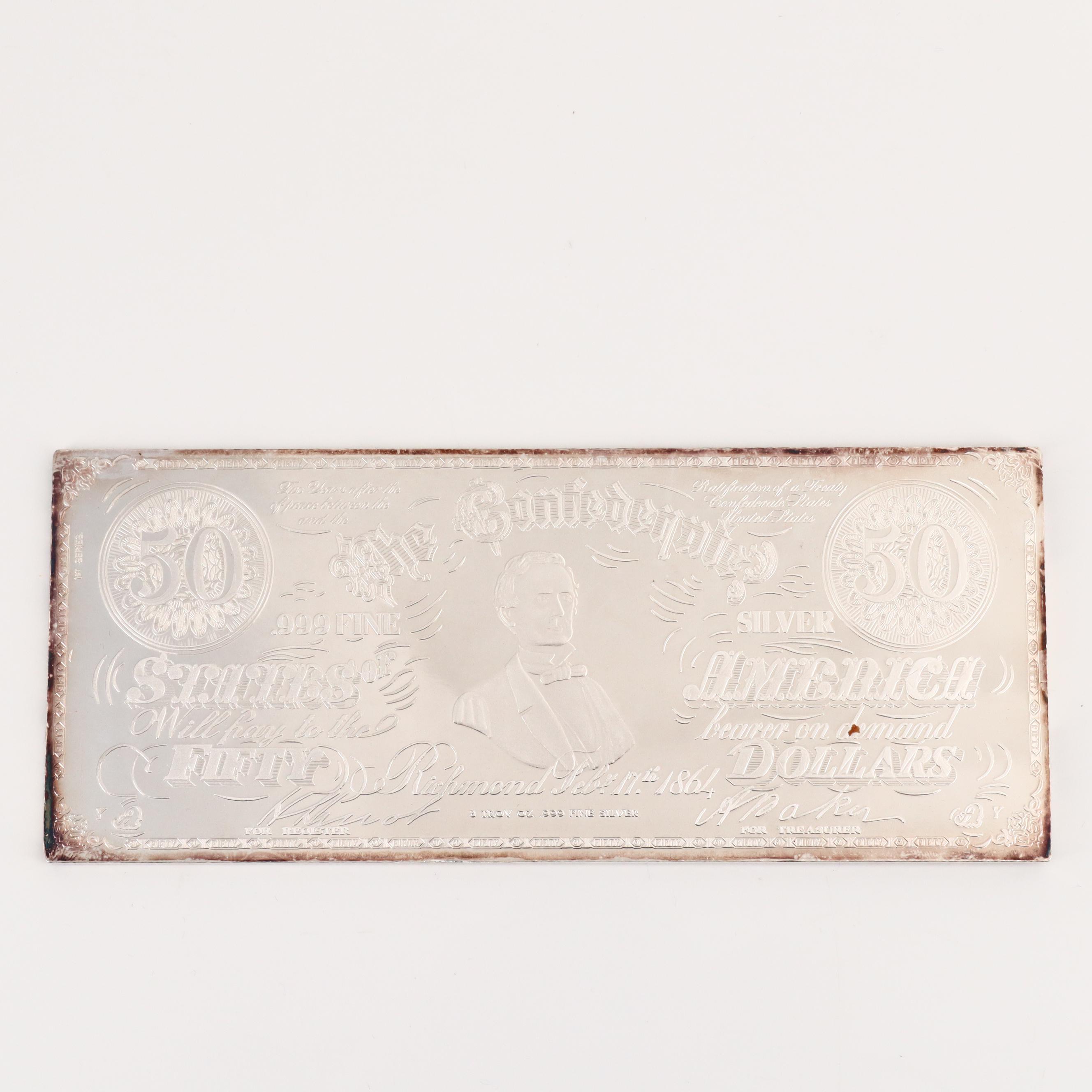 Confederate States of America $50 Banknote Design Eight Ounce .999 Silver Bar