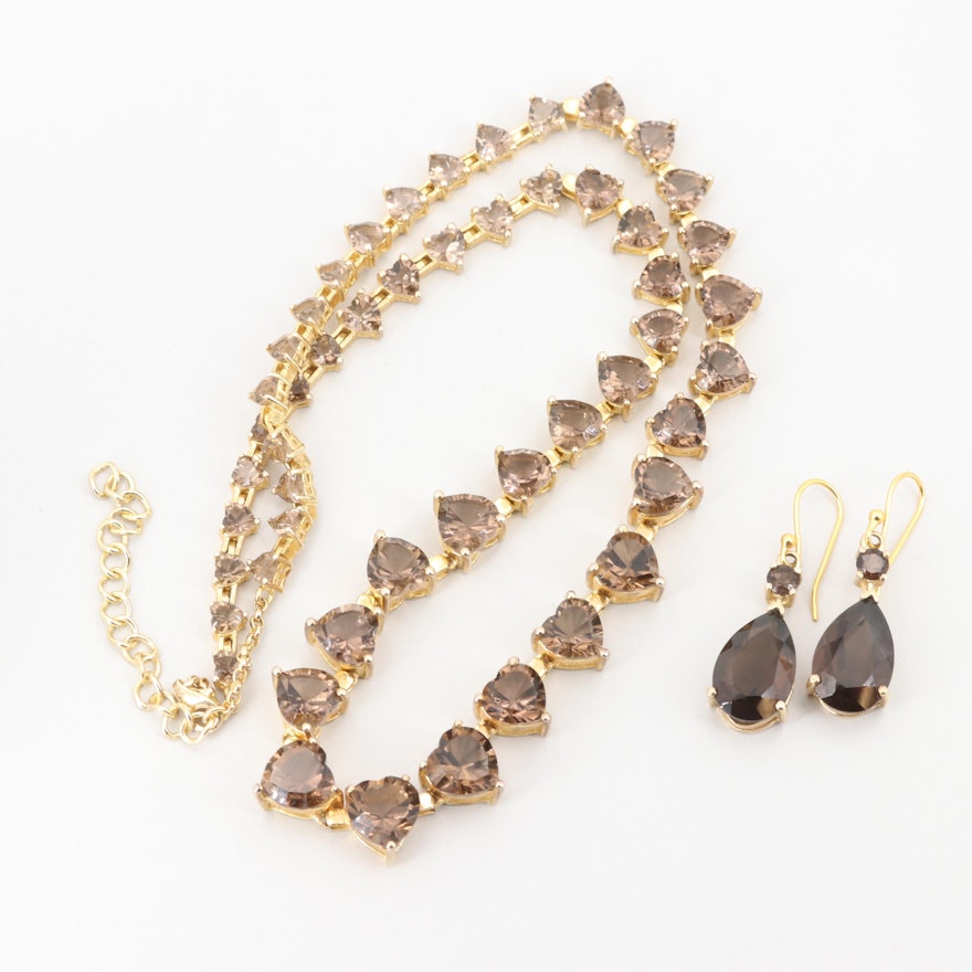 Gold Wash on Sterling and Gold Tone Smoky Quartz Heart Necklace and  Earrings