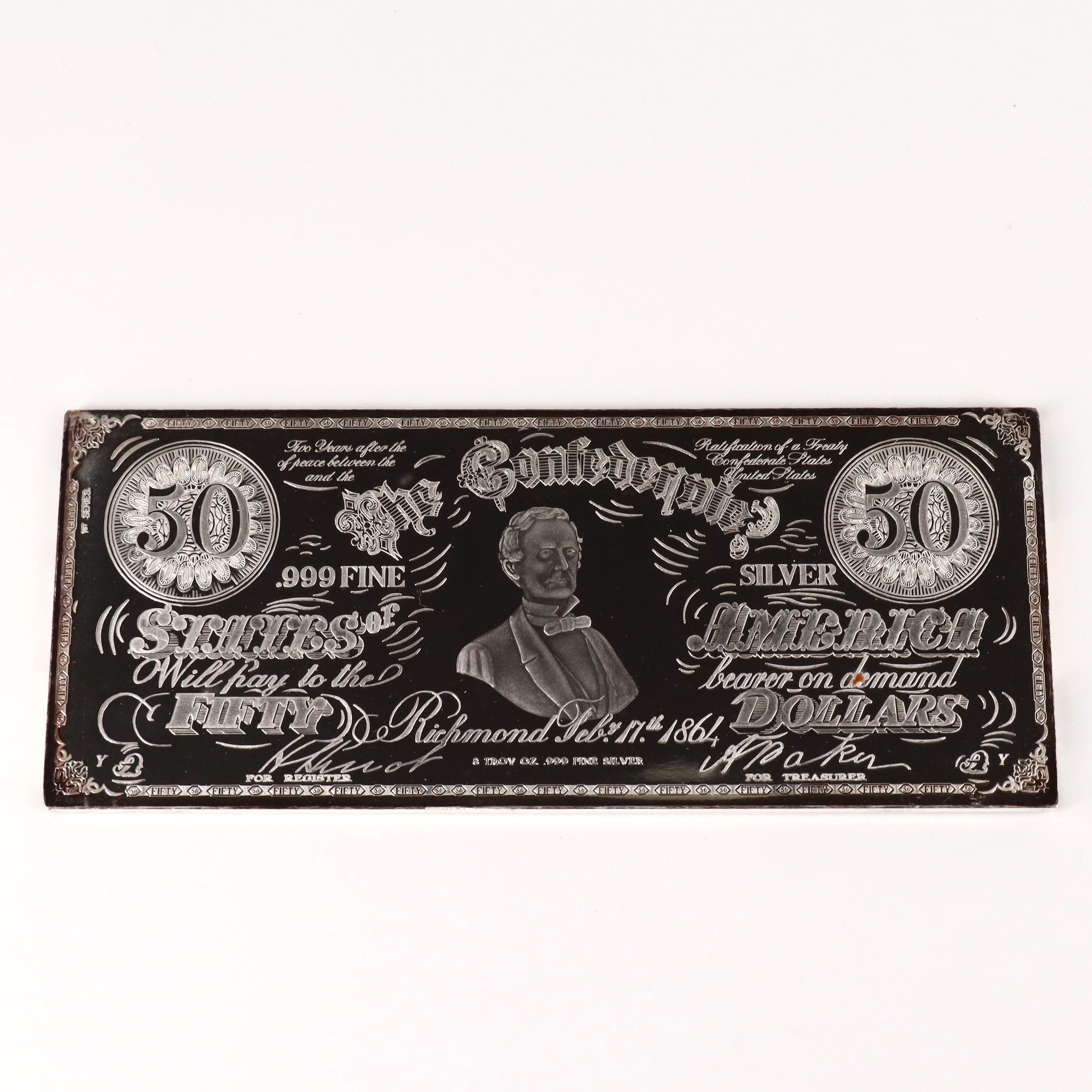 Confederate States of America $50 Banknote Design Eight Ounce .999 Silver Bar