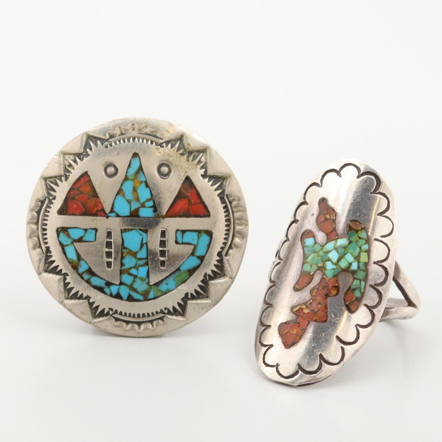 Southwestern Style Sterling Turquoise and Coral Ring with Silver Tone Pendant