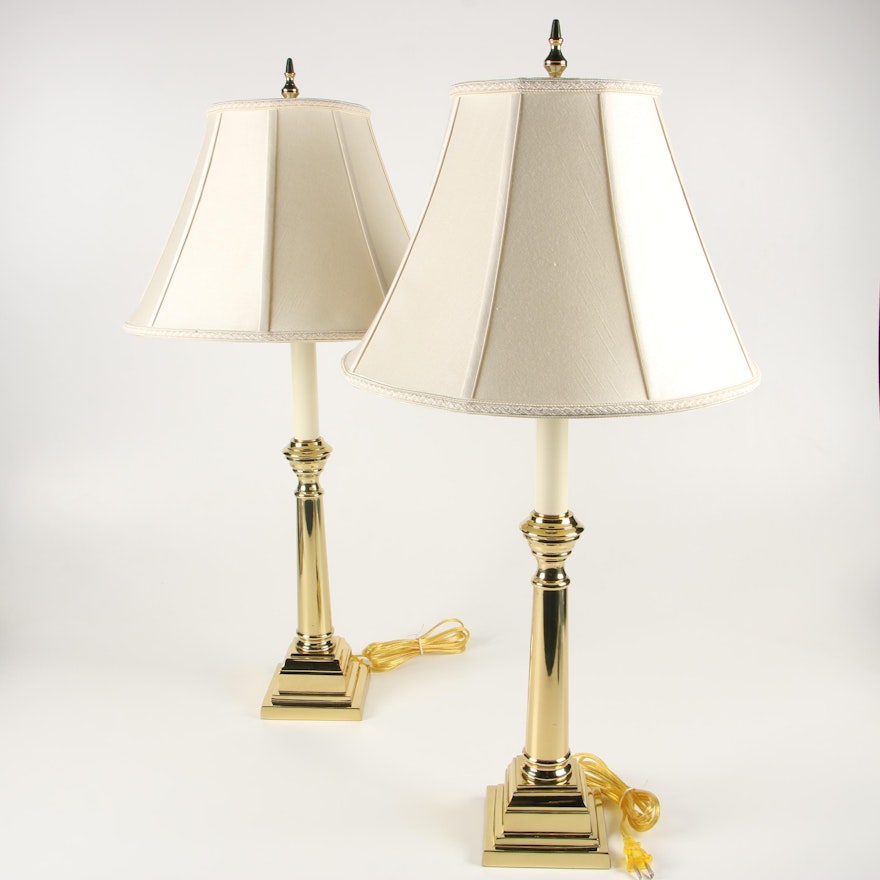 Virginia Metalcrafters Brass Candlestick Lamps with Silk Shades