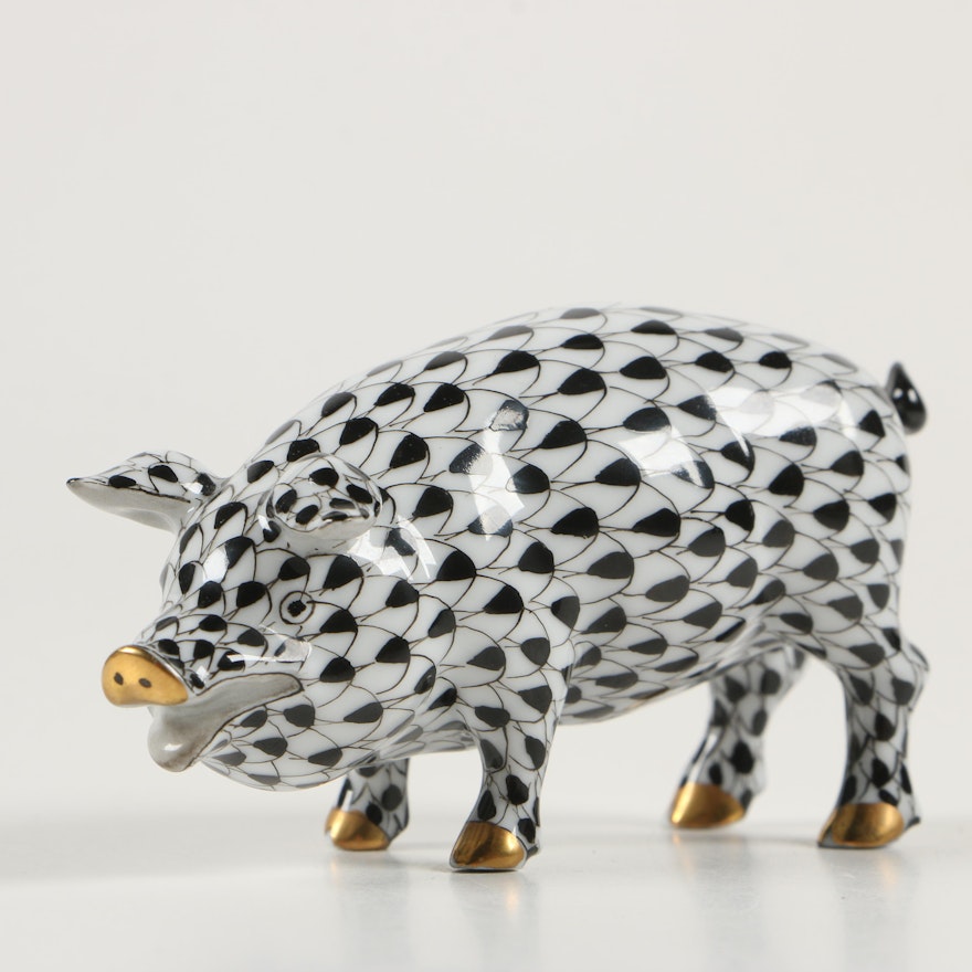 Herend Black Fishnet "Miniature Pig" Porcelain Figurine, 1996