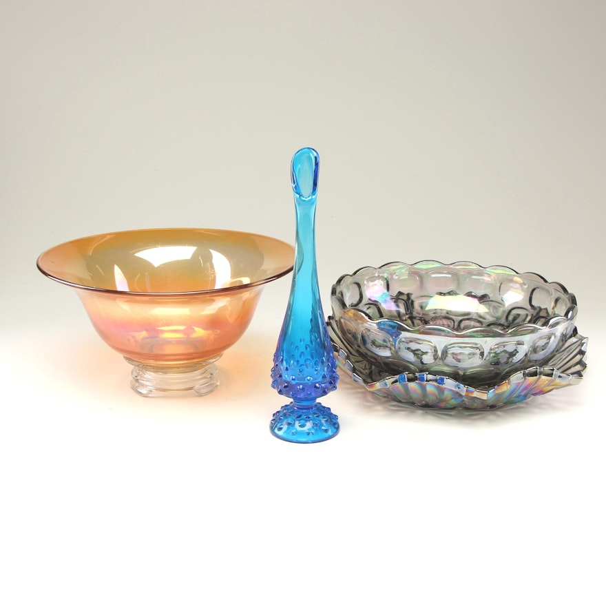 Carnival Style Glass Serving Bowls with Swung Hobnail Vase
