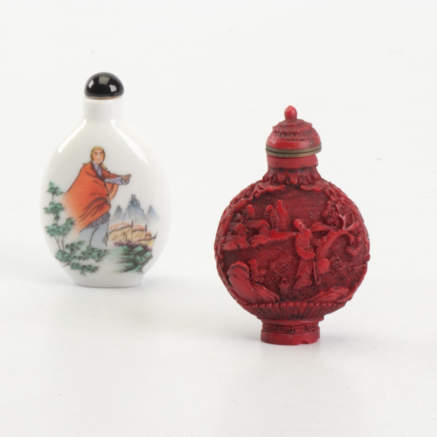Chinese Carved Lacquer and Ceramic Snuff Bottles