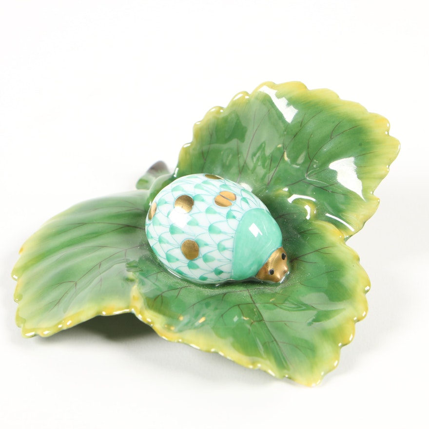 Herend First Edition Raspberry Fishnet "Ladybug on a Leaf" Porcelain Figurine