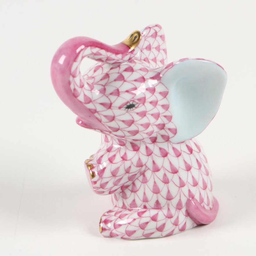 Herend Raspberry Fishnet "Baby Elephant" Porcelain Figurine, September 1995