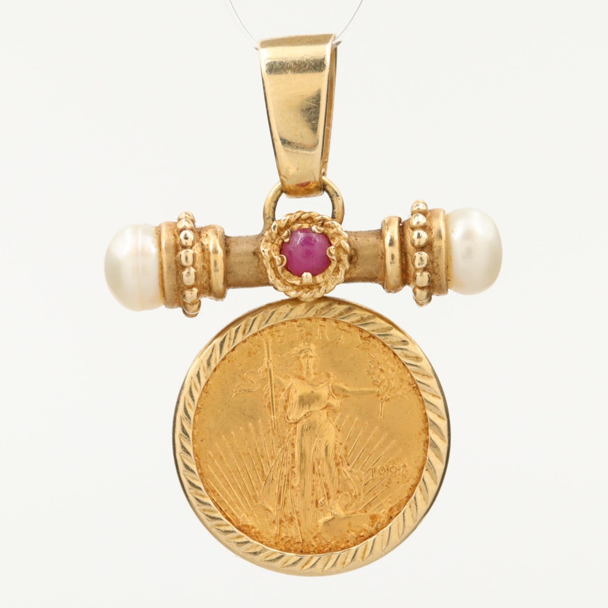 14K Ruby and Pearl Bezel Pendant with 1998 $5 1/10th Troy Ounce Gold Eagle Coin