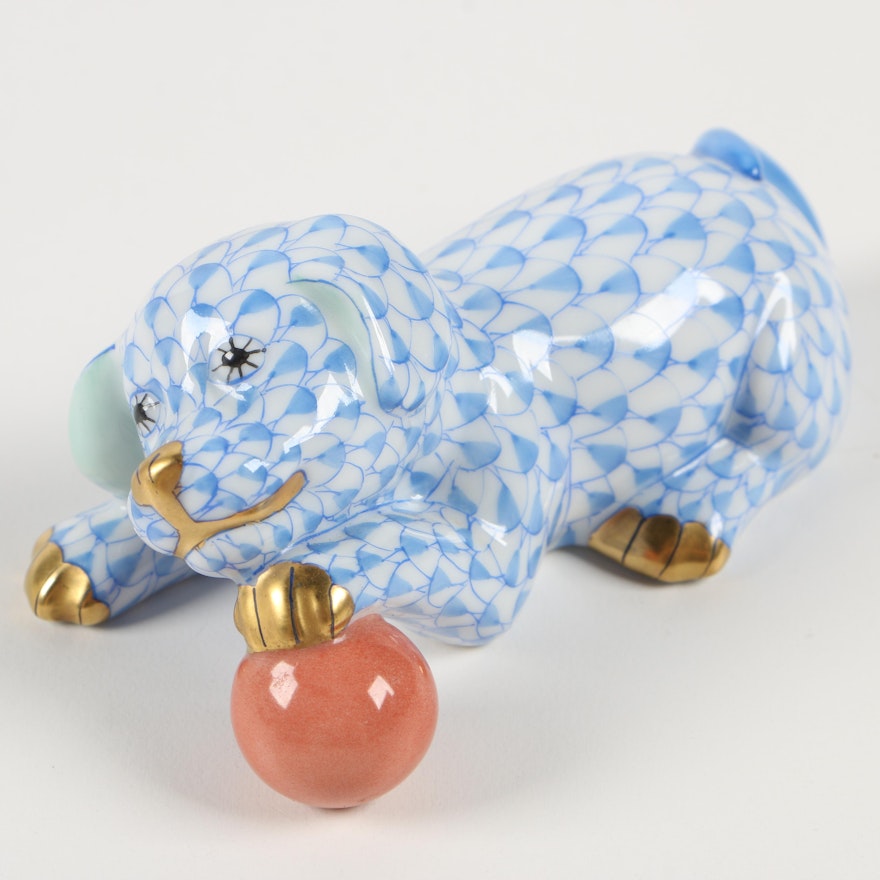 Herend Blue Fishnet "Labrador Puppy with Ball" Porcelain Figurine, December 1996