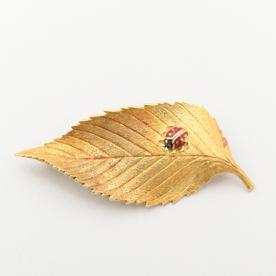 18K Yellow Gold Enamel Ladybug on Leaf Brooch