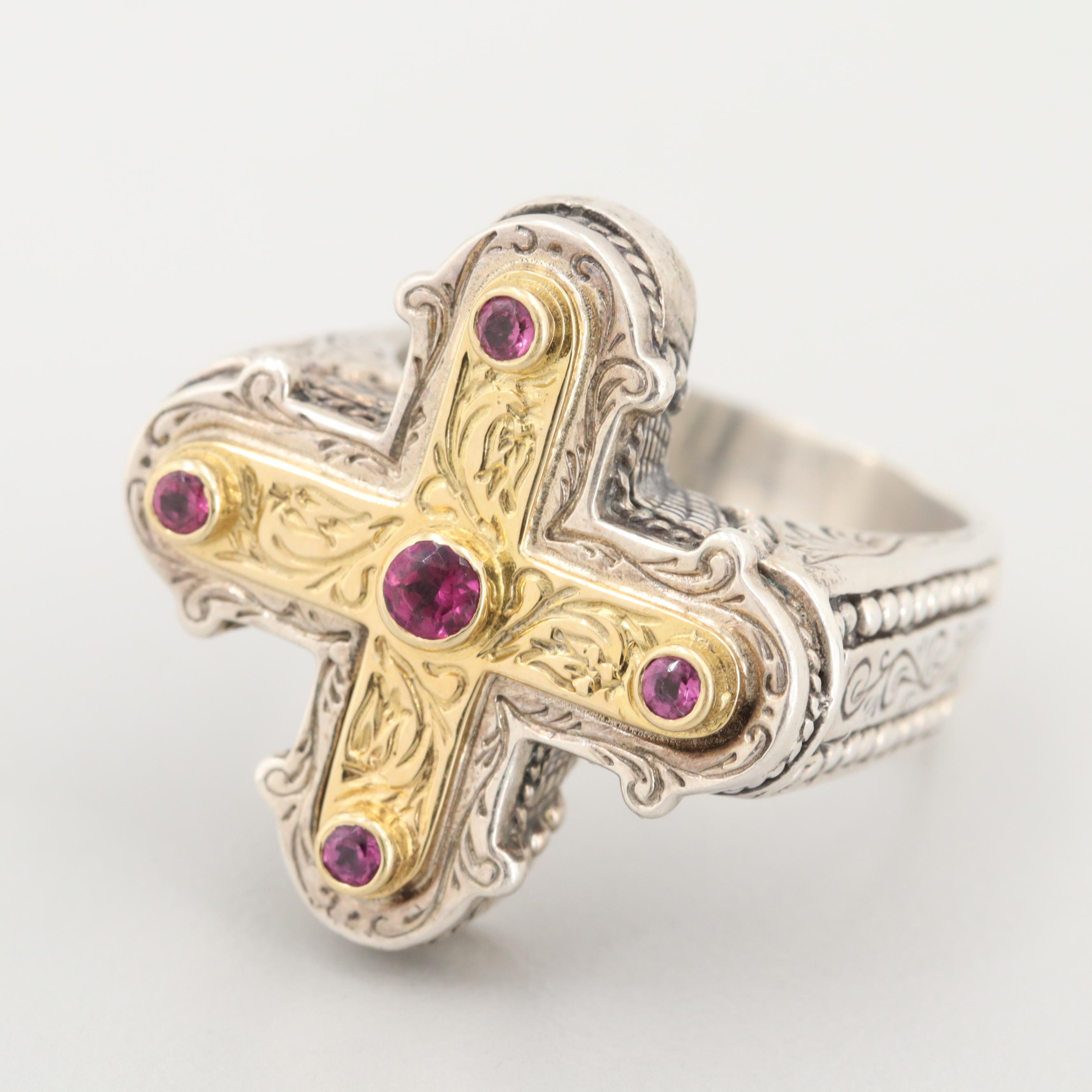 Konstantino Sterling Silver Cross Ring with 18K Yellow Gold and Rhodolite Garnet